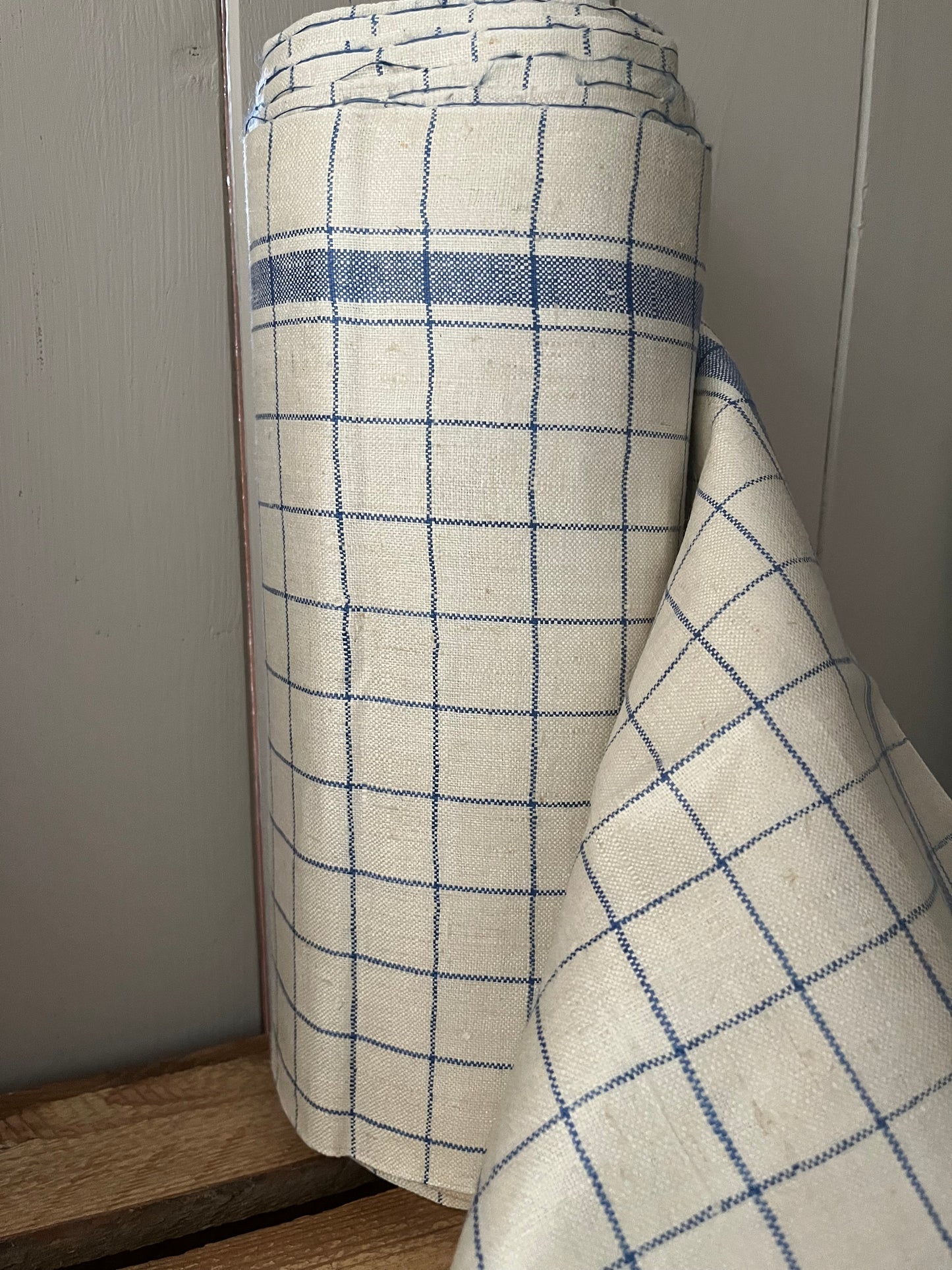 Original altes Küchenleinen um 1940 zart blau kariert - 3,8 Meter