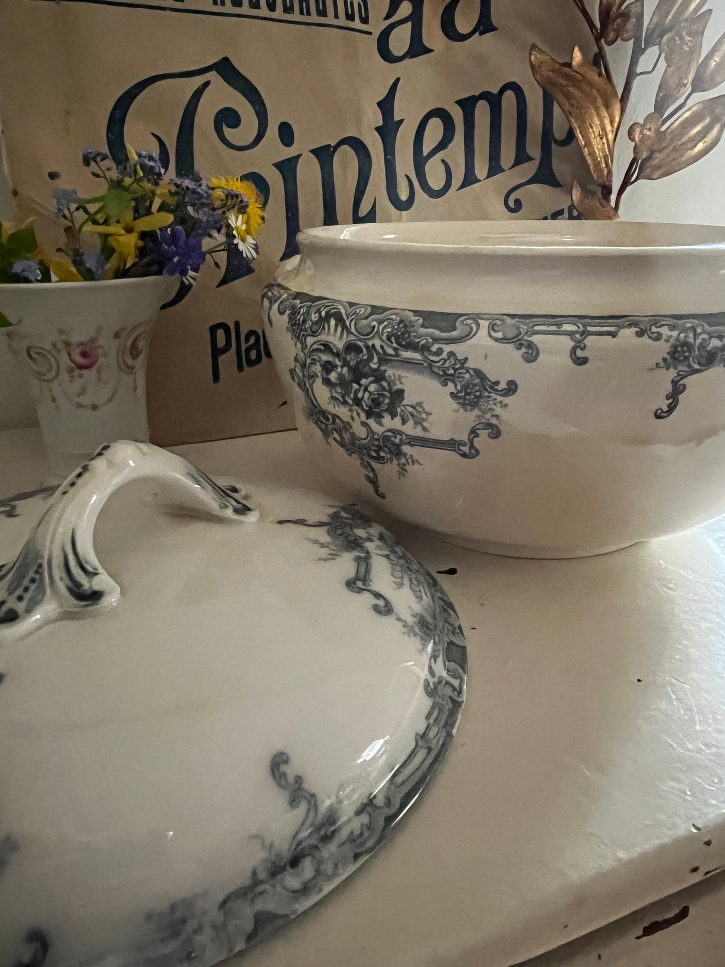 Alte schwere französische Soupiere mit Patina
