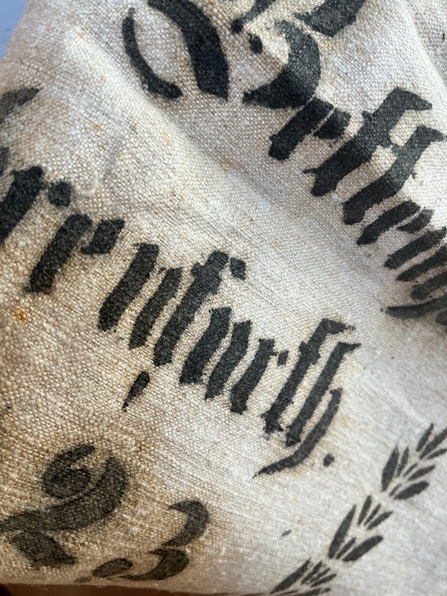 Großer alter Kornsack aus Leinen 1923 mit Aufdruck und blauen Streifen
