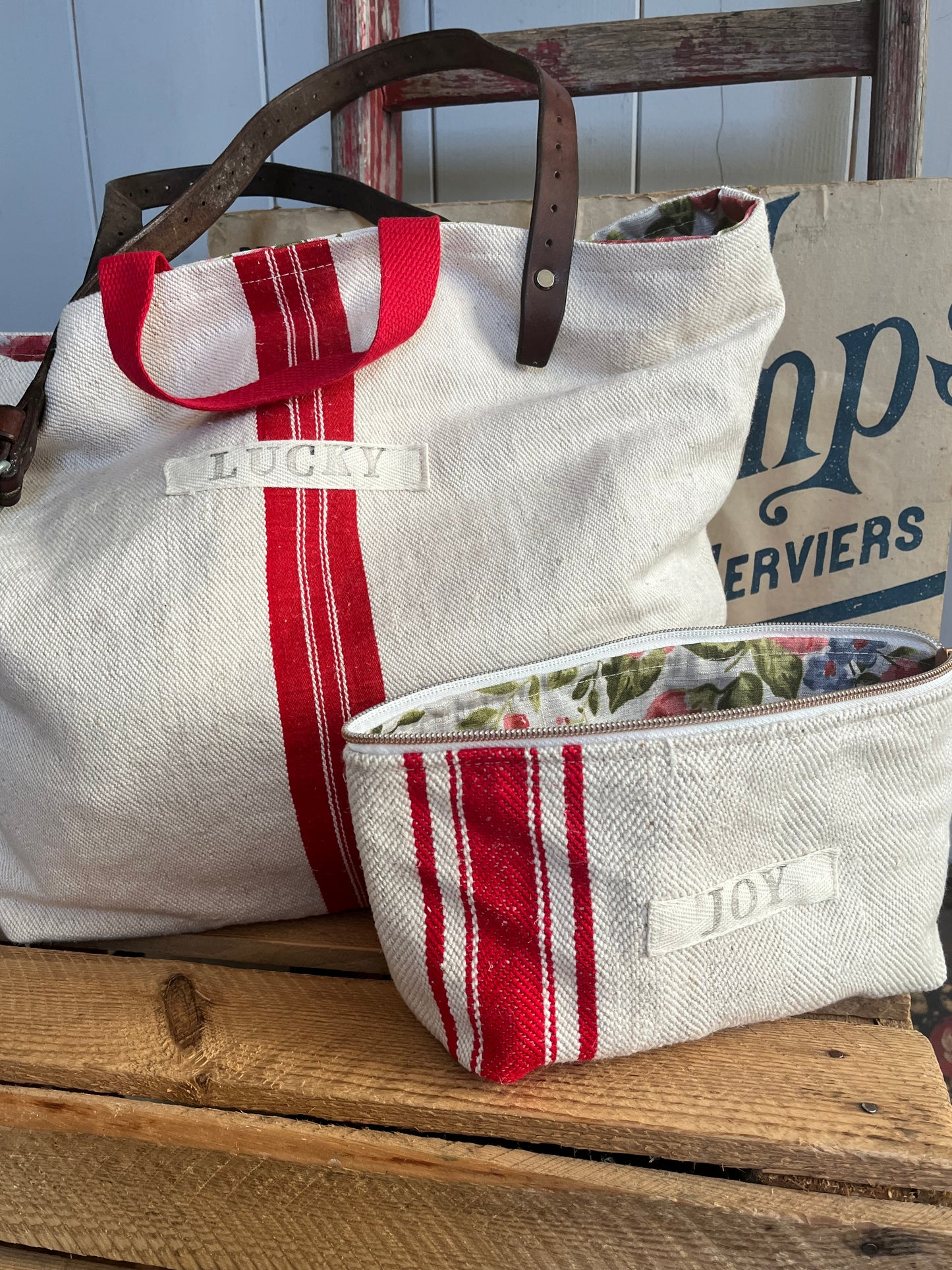 : Kosmetiktasche aus altem Leinen - kleiner Shopper