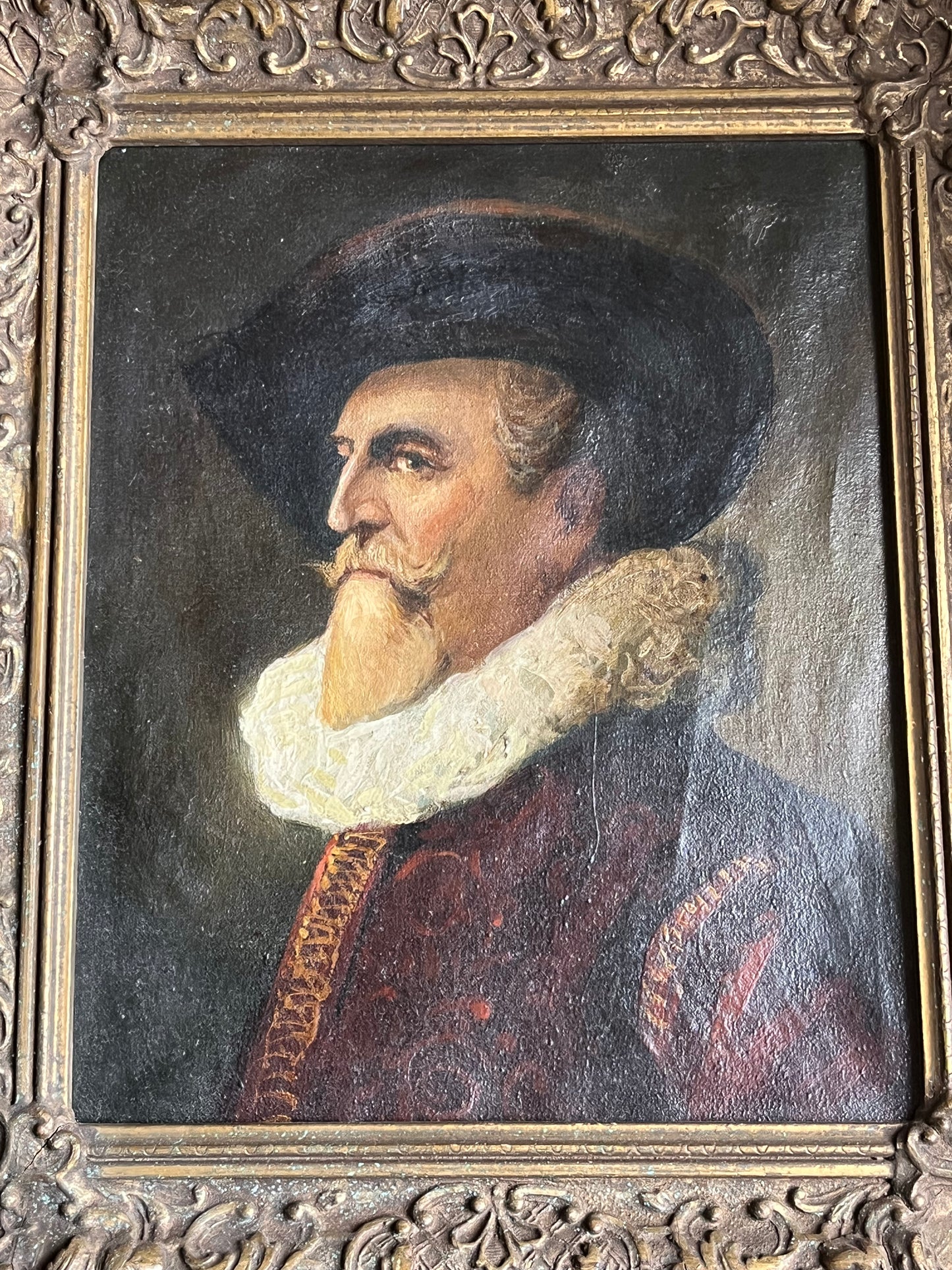 Adeliger sucht neue Wand: Porträt mit Halskrause, Öl, gerahmt