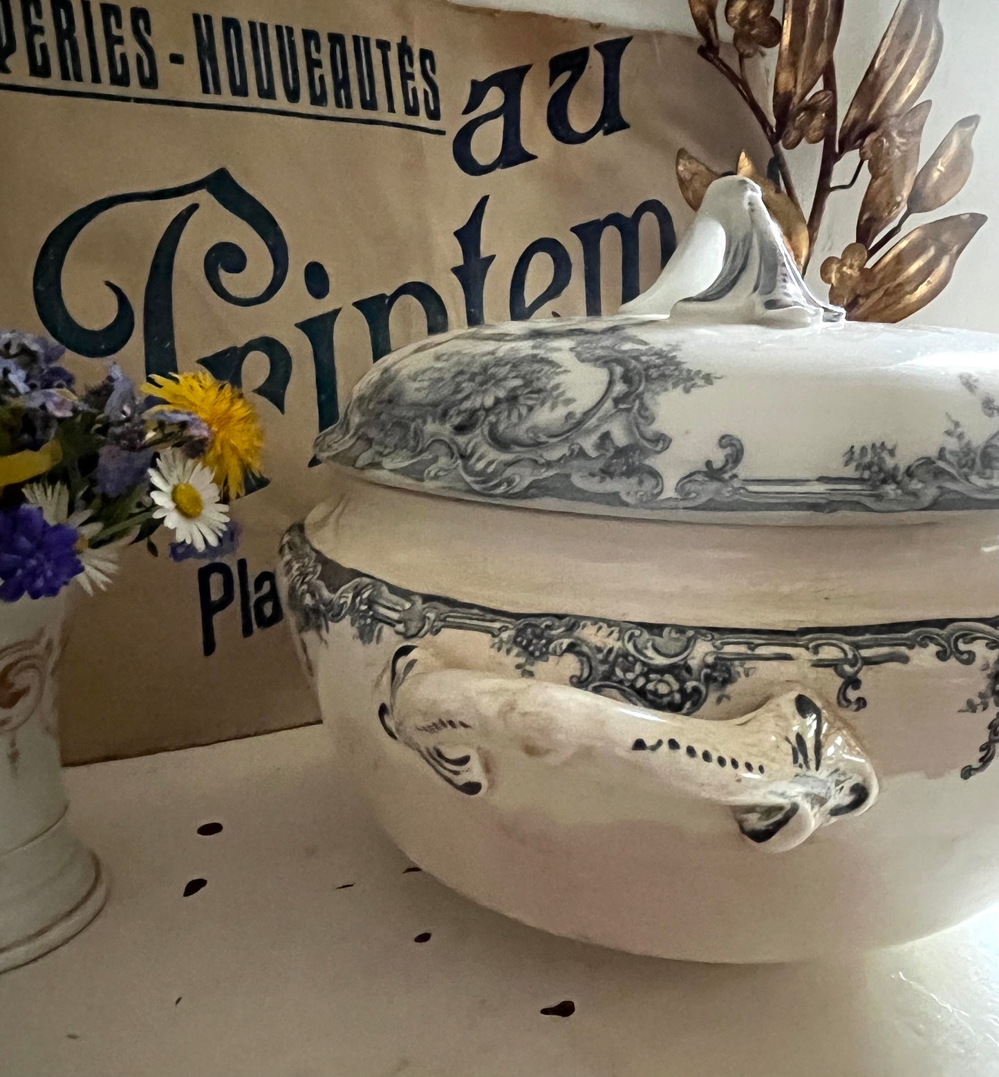 Alte schwere französische Soupiere mit Patina