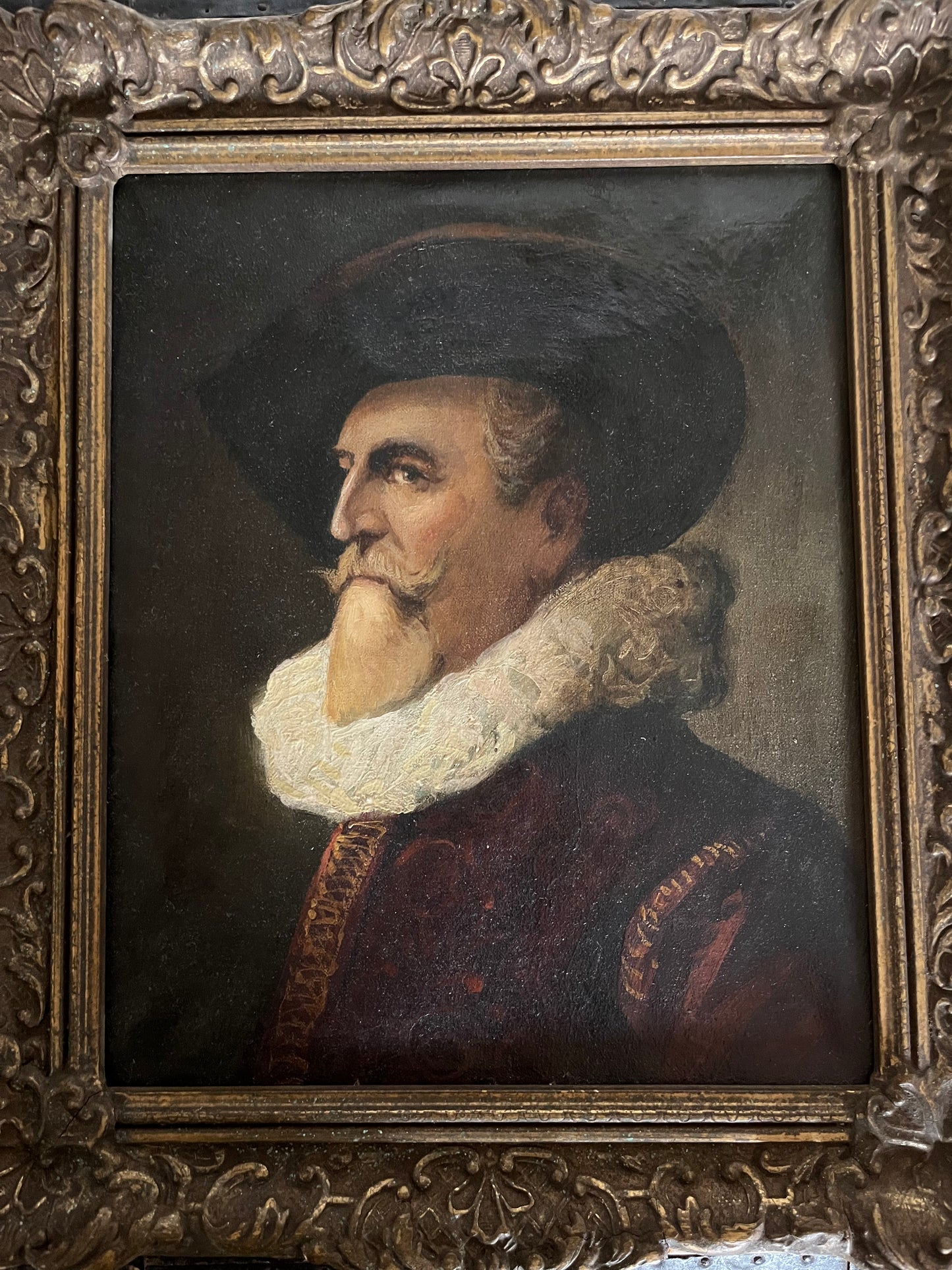 Adeliger sucht neue Wand: Porträt mit Halskrause, Öl, gerahmt