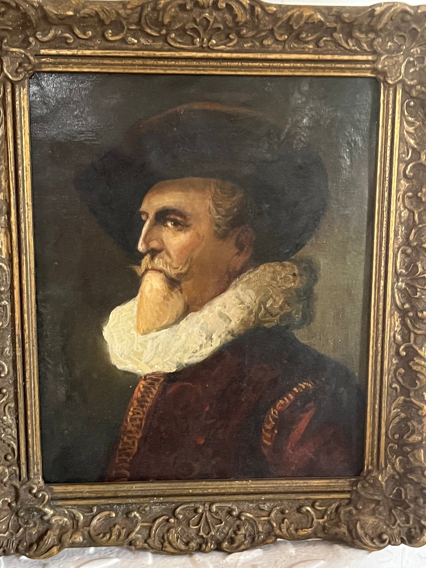 Adeliger sucht neue Wand: Porträt mit Halskrause, Öl, gerahmt
