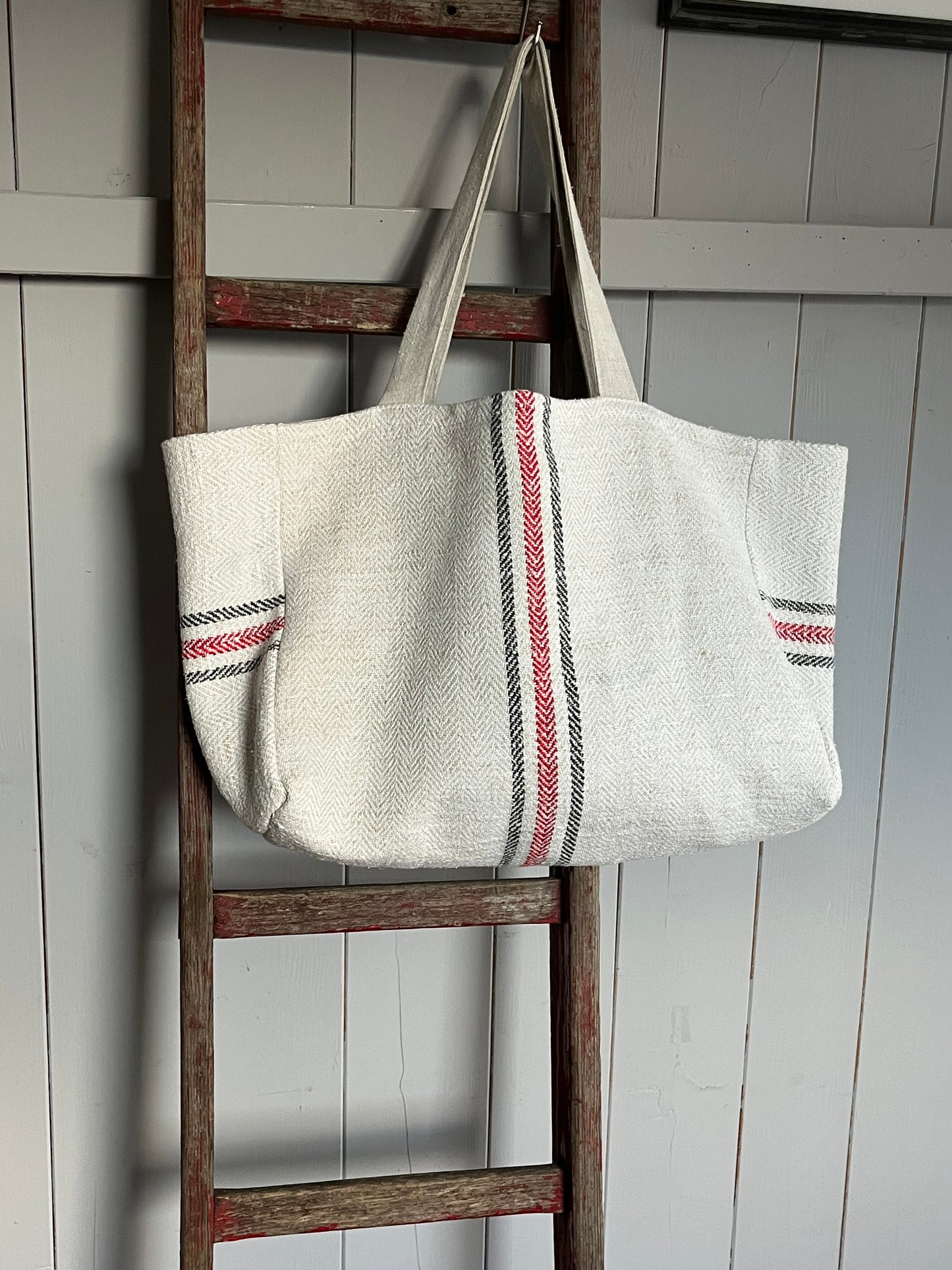 Drei Farben: große Tasche aus altem Leinensack