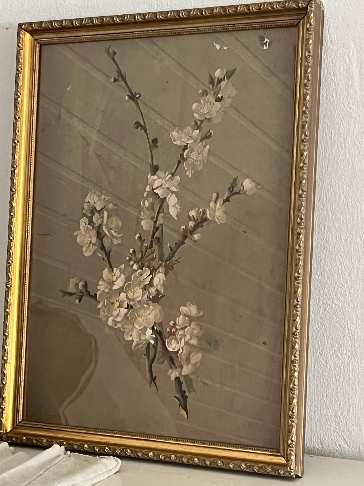 Altes, schweres Bild mit Blütenzweig hinter Glas, Goldrahmen aus Belgien