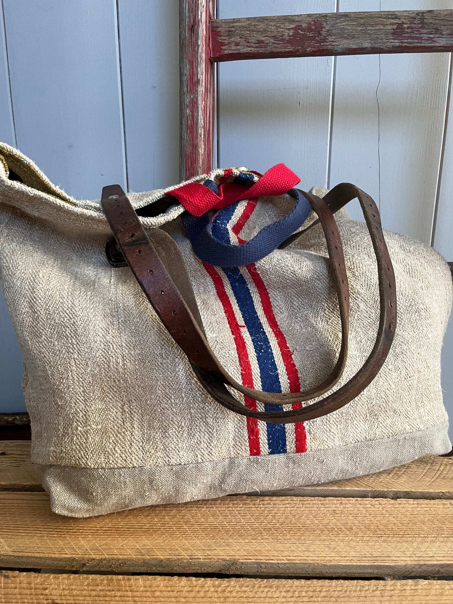 Blau/Rot: große Tasche Shopper aus kräftigem Hanfstoff mit Streifen