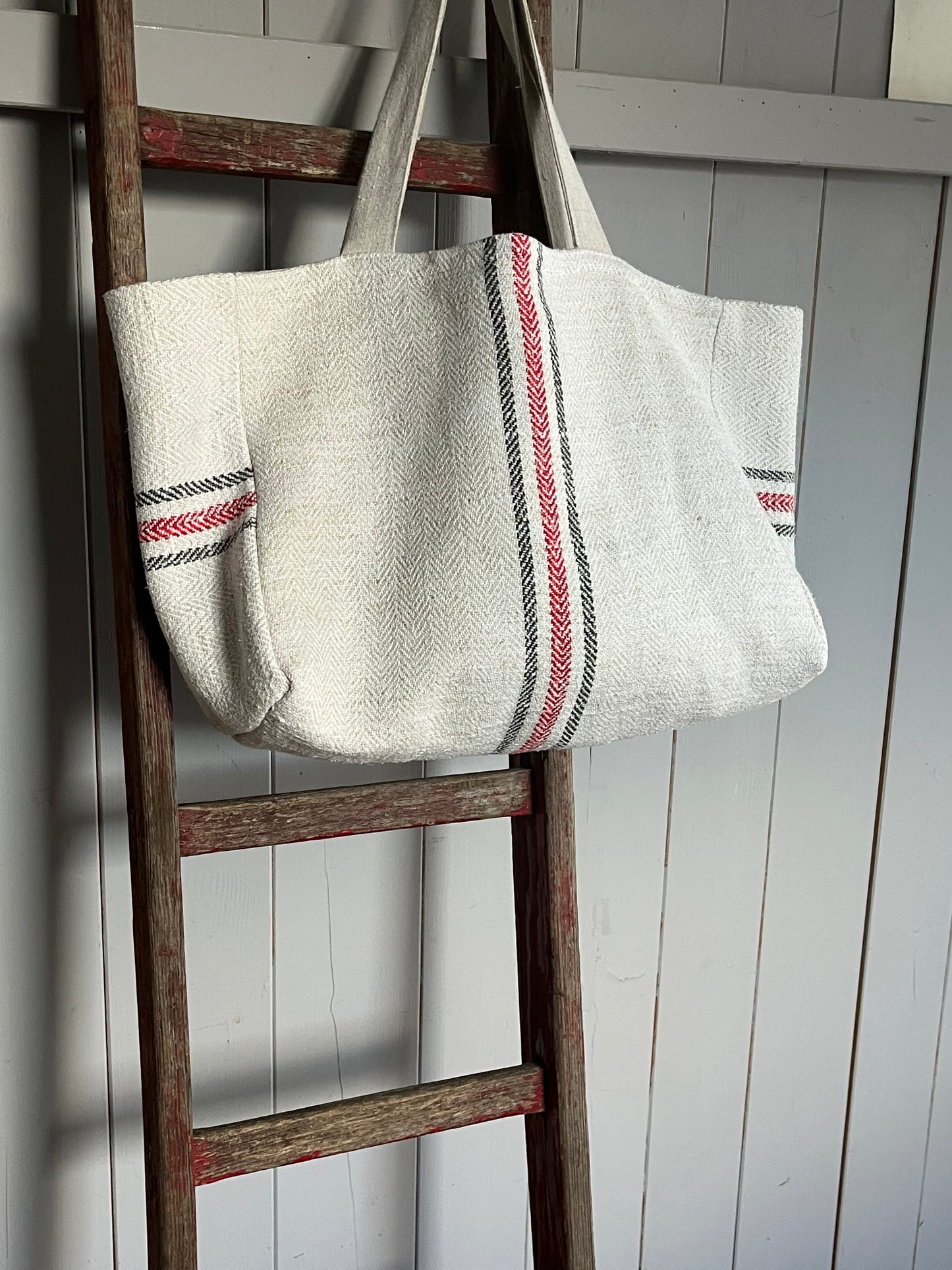 Drei Farben: große Tasche aus altem Leinensack