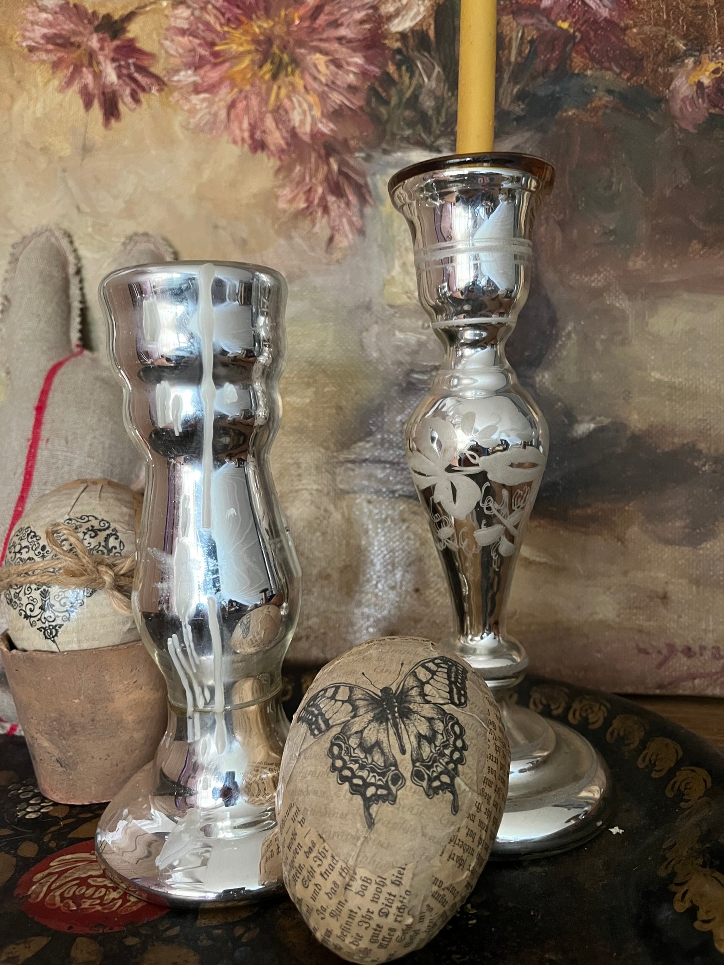2 Kerzenhalter Bauernsilber Silberglas mit und ohne Emaillemalerei