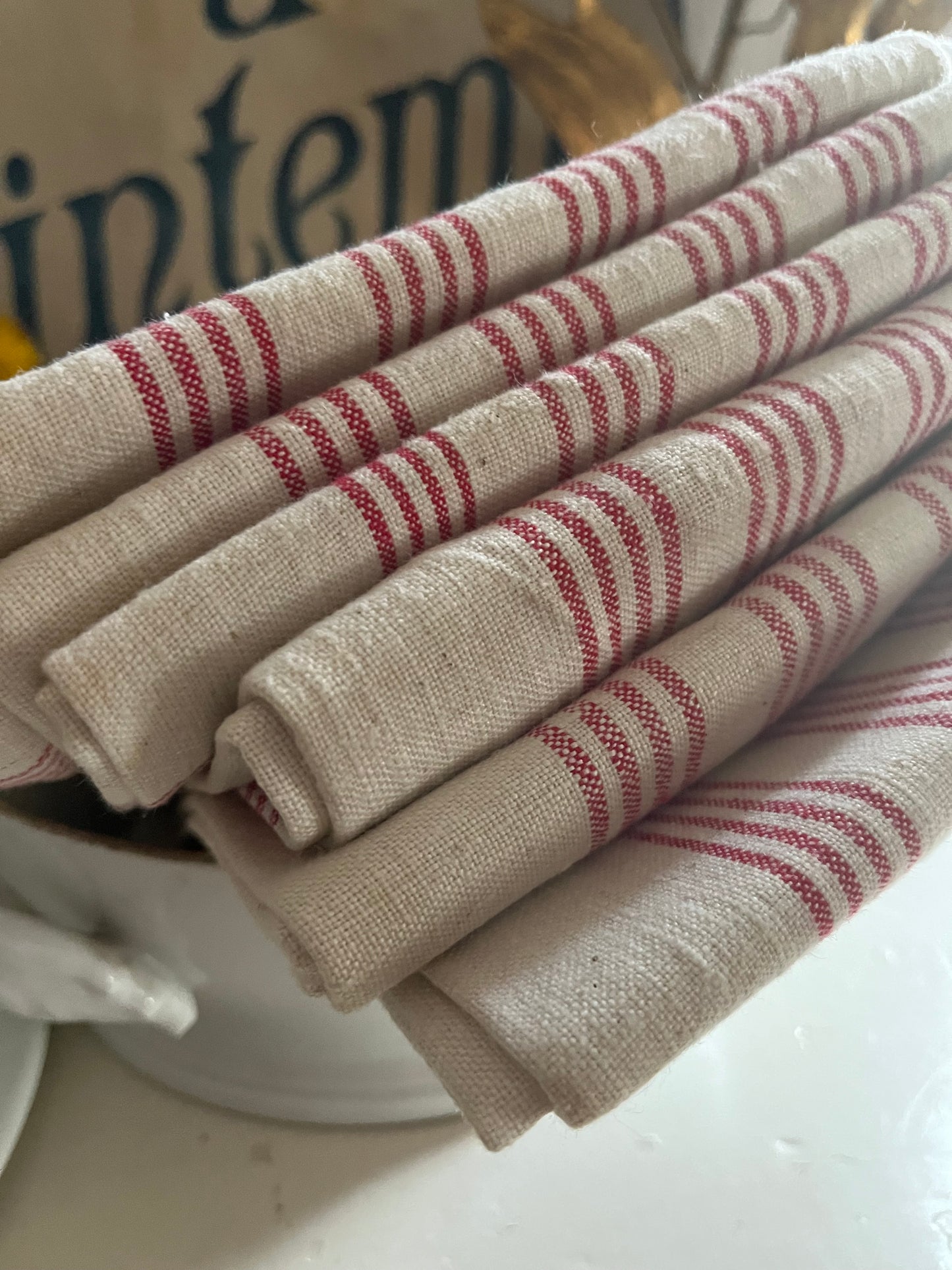 Trio: französische große Tücher Rot/Weiß Halbleinen