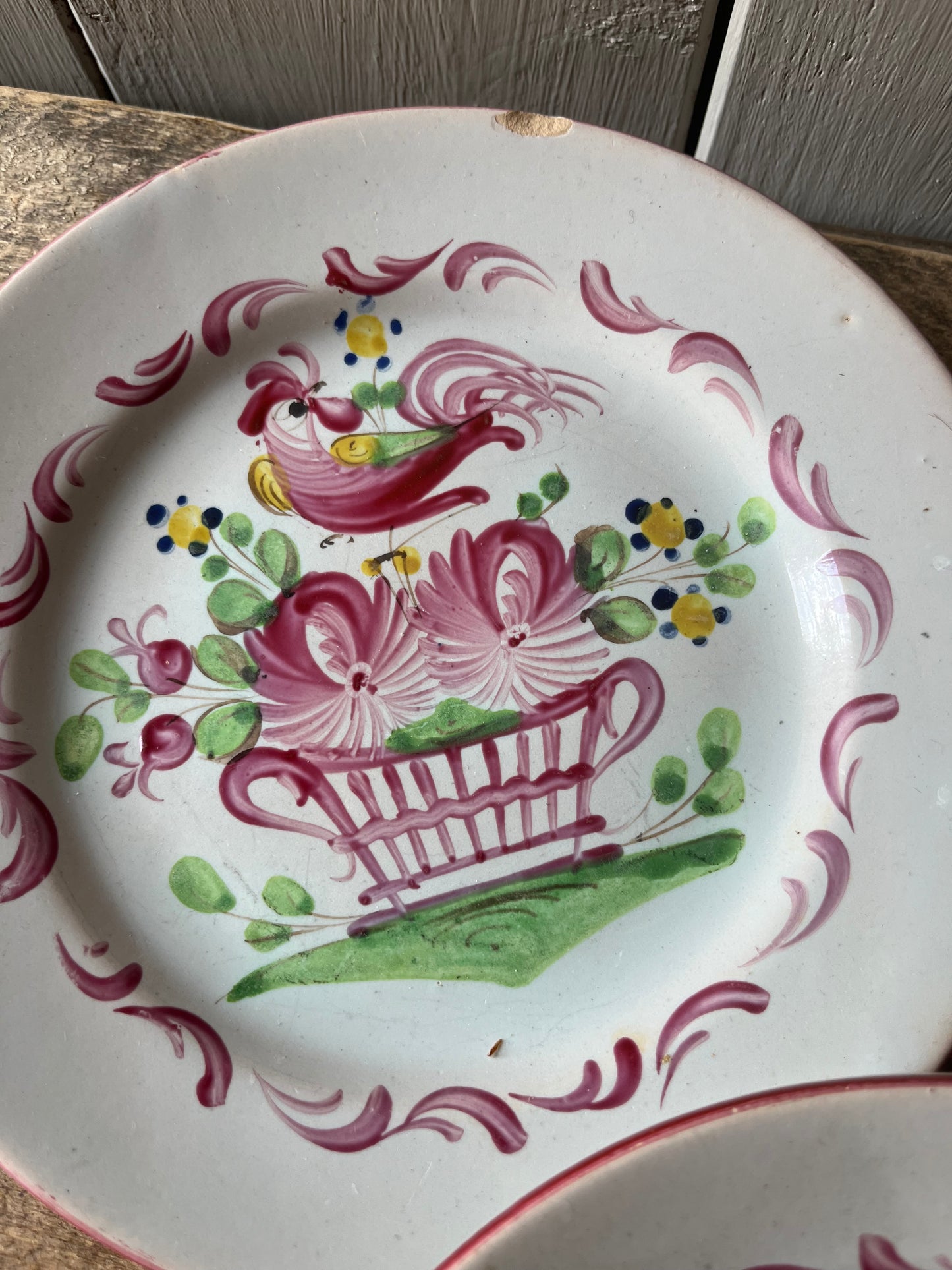 3 antike Fayence Teller Strassbourg mit Hahn und Patina