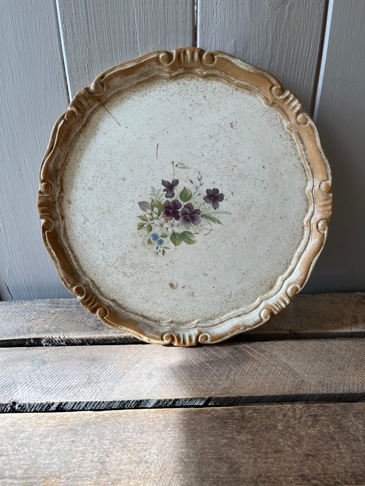 Kleines Vintage Tablett, Holz, Blütendekor mit Patina