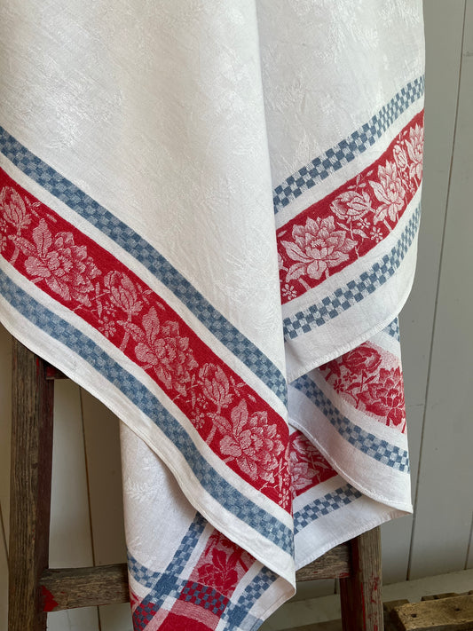 Prachtstück für die Tafel: Leinen Damast Decke in Blau /Weiß/Rot 126 x 126