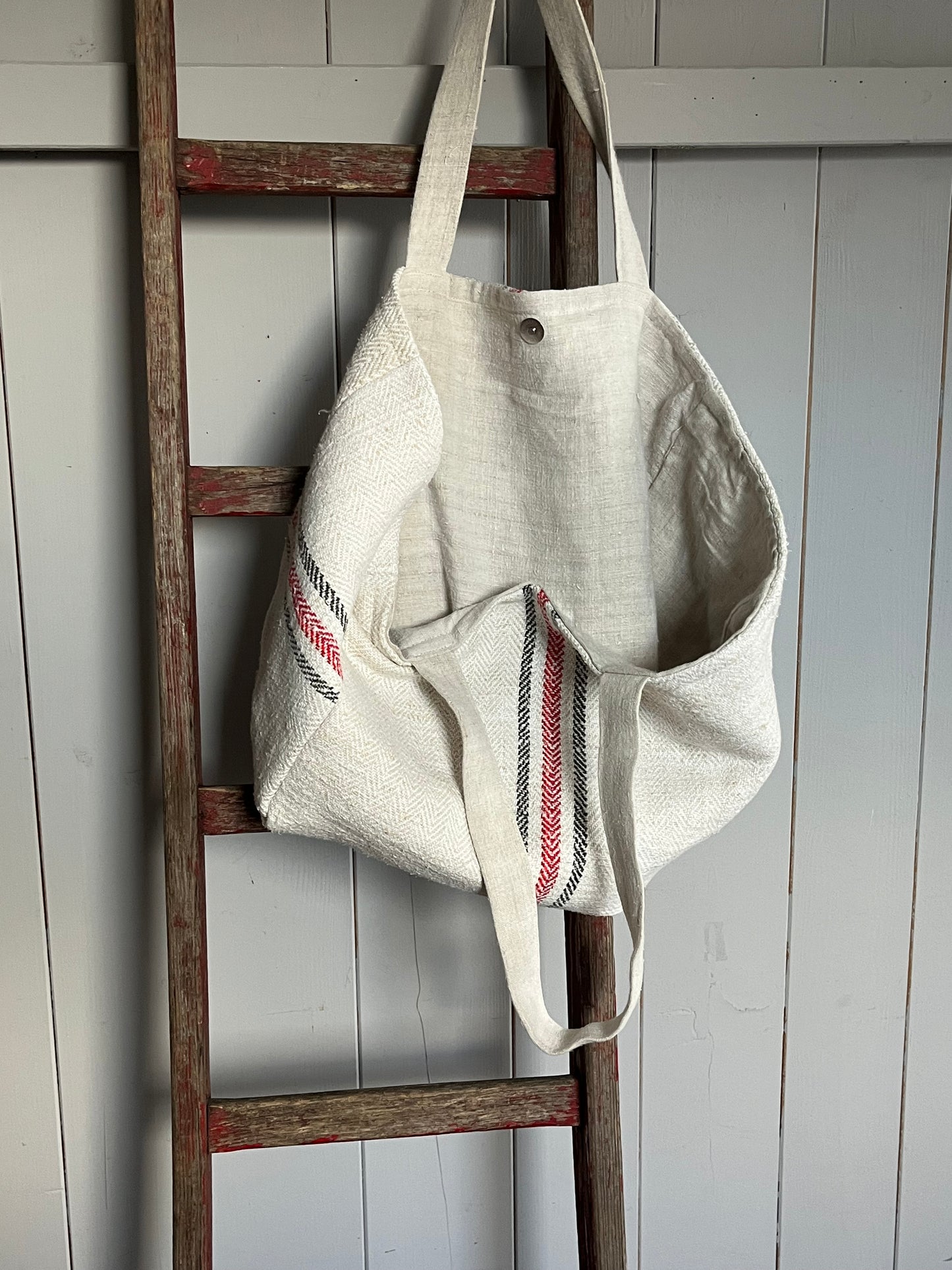 Drei Farben: große Tasche aus altem Leinensack