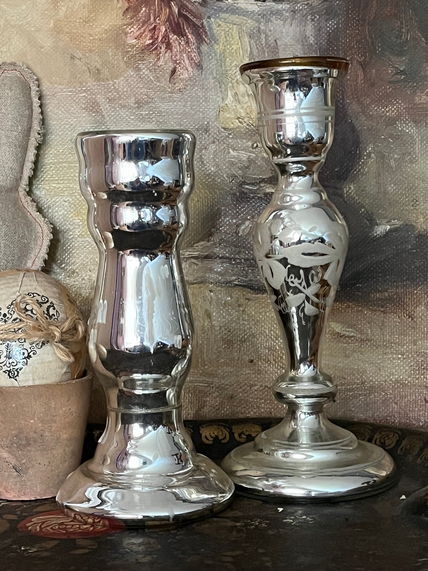 2 Kerzenhalter Bauernsilber Silberglas mit und ohne Emaillemalerei