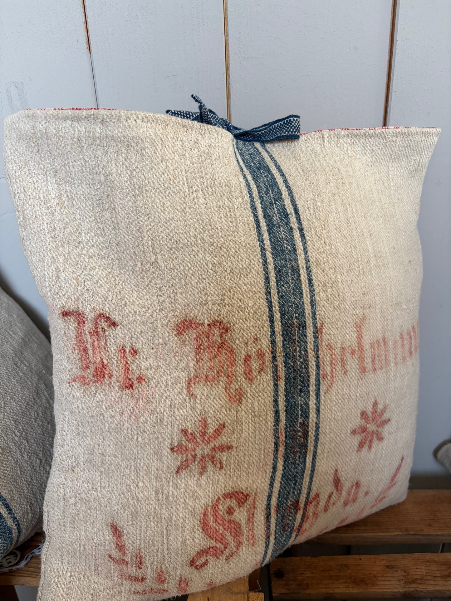 Very Vintage Kissenbezug aus altem Leinensack mit original Aufschrift 40 x 40