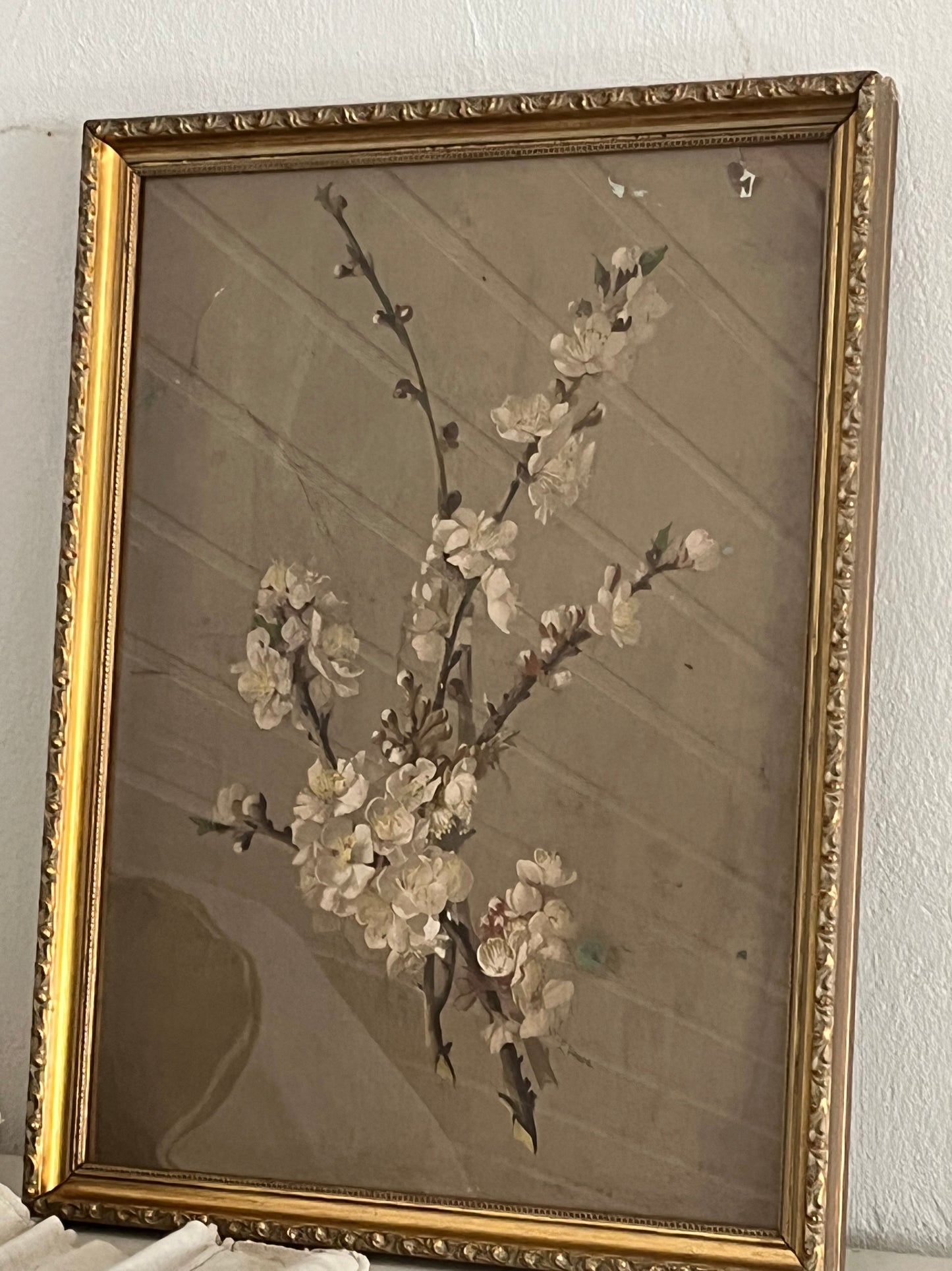 Altes, schweres Bild mit Blütenzweig hinter Glas, Goldrahmen aus Belgien