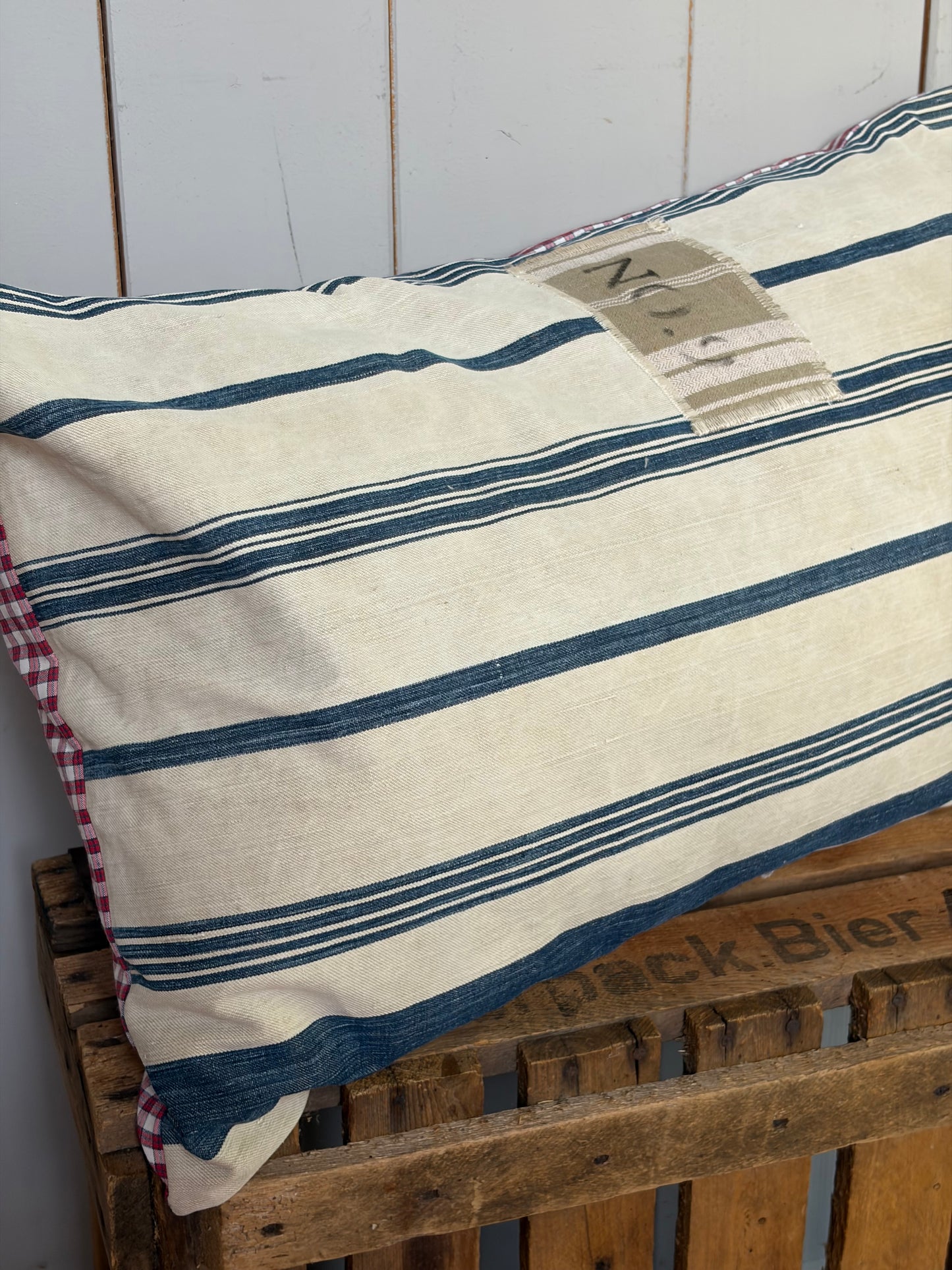 Großer Kissenbezug Leinen blau gestreift mit Hotelverschluss 60 x 40