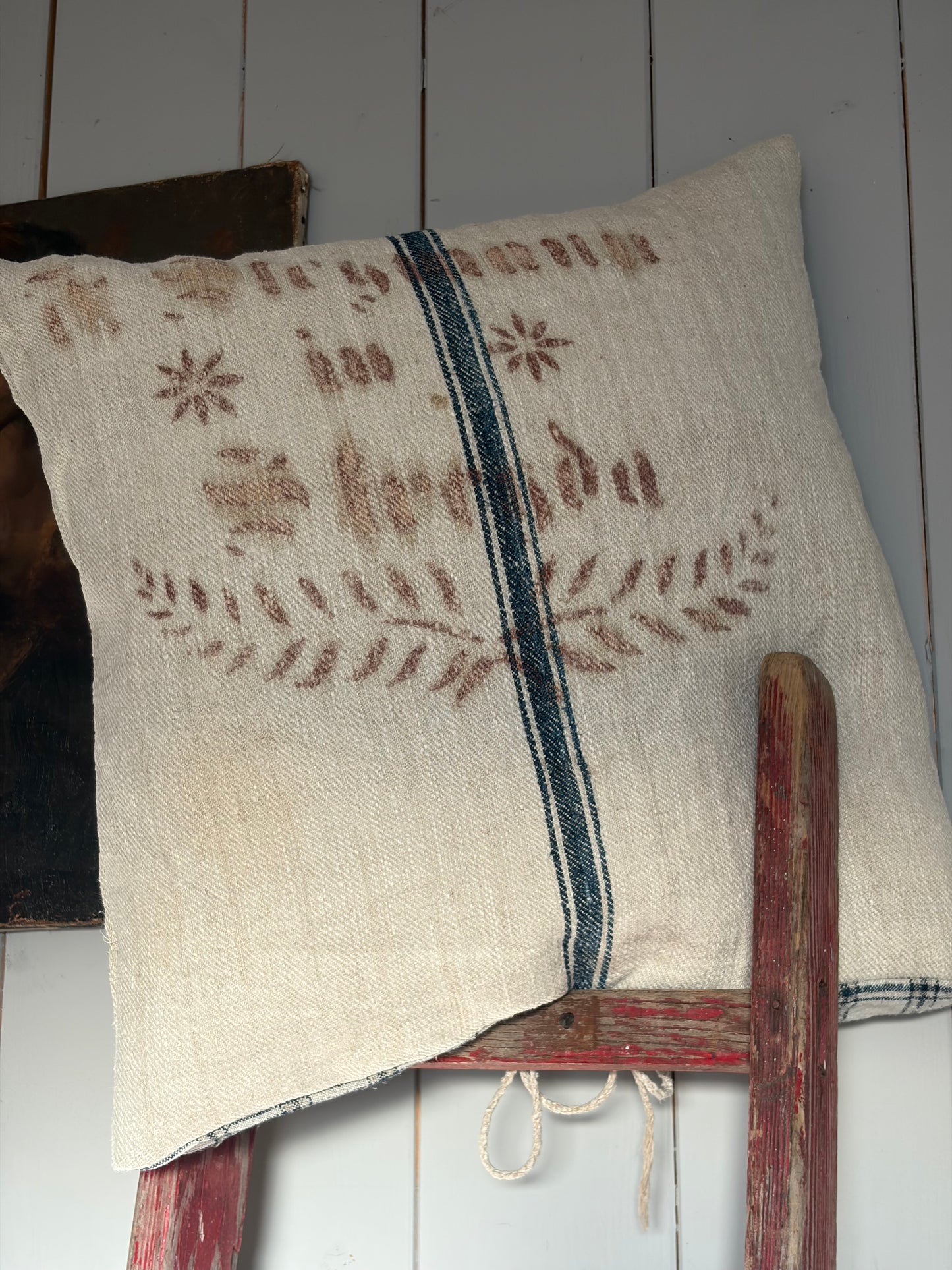 Very Vintage Kissenbezug aus altem Leinensack mit original Aufschrift 50 x 50