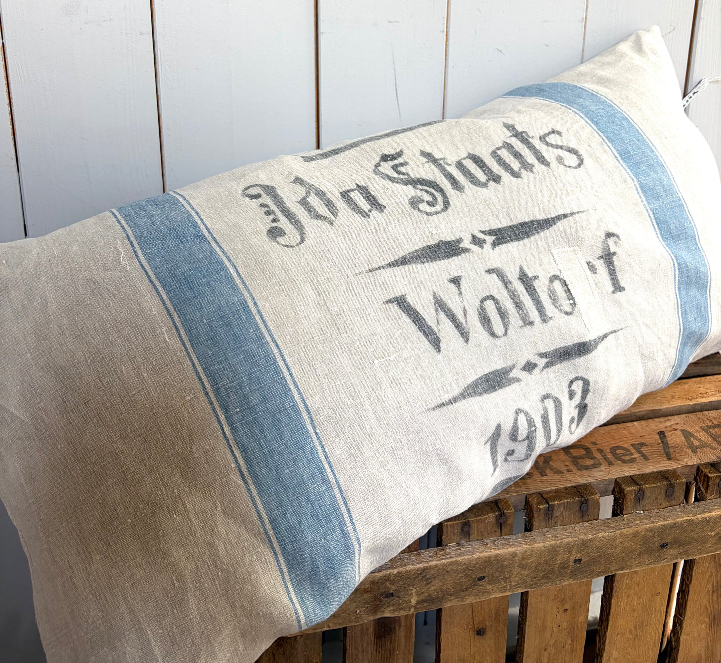 XL Vintage Kissenbezug aus altem Leinensack mit original Aufschrift 70 x 40