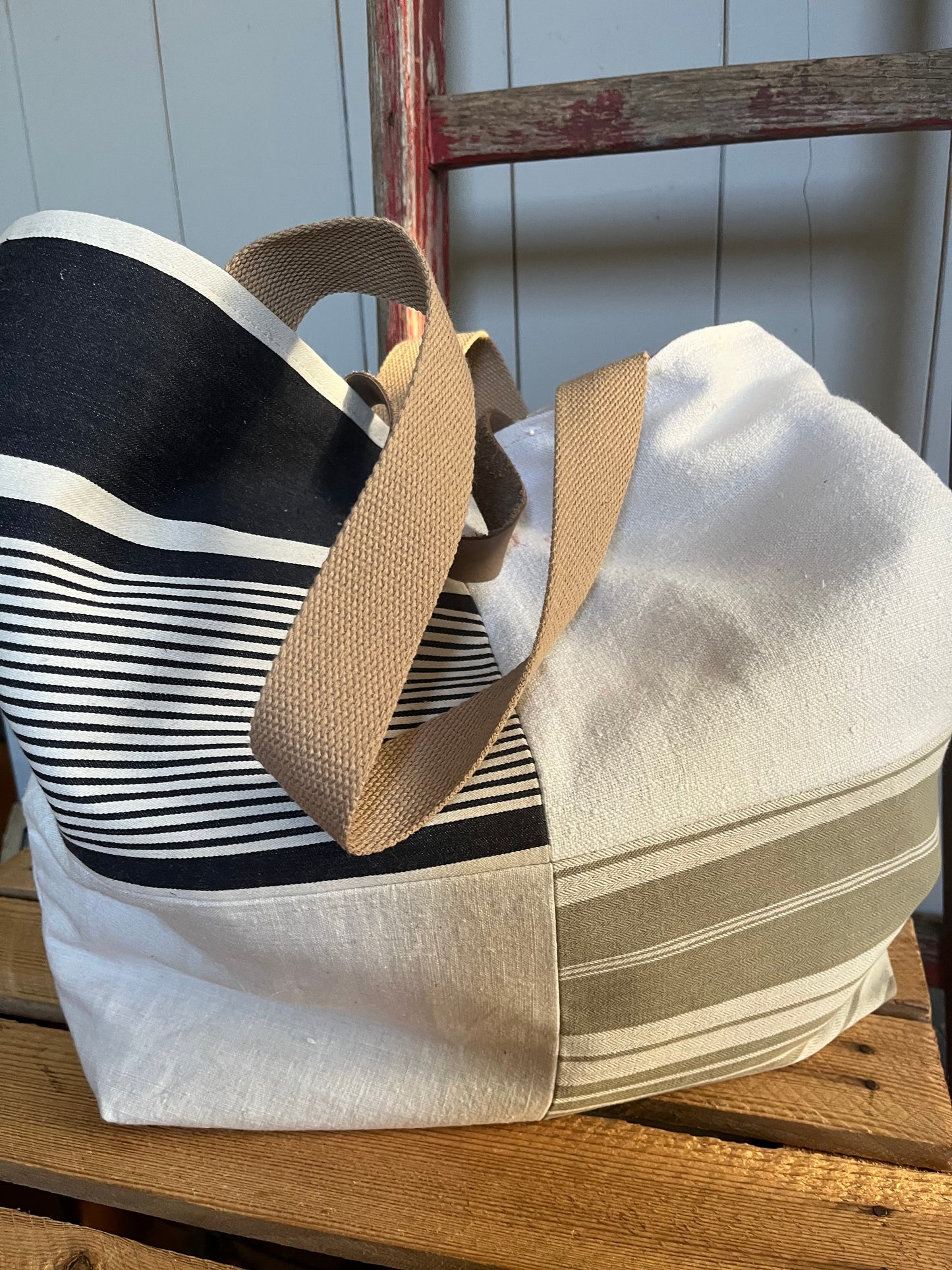Multi: große Tasche Shopper aus verschiedenen Leinenstoffen
