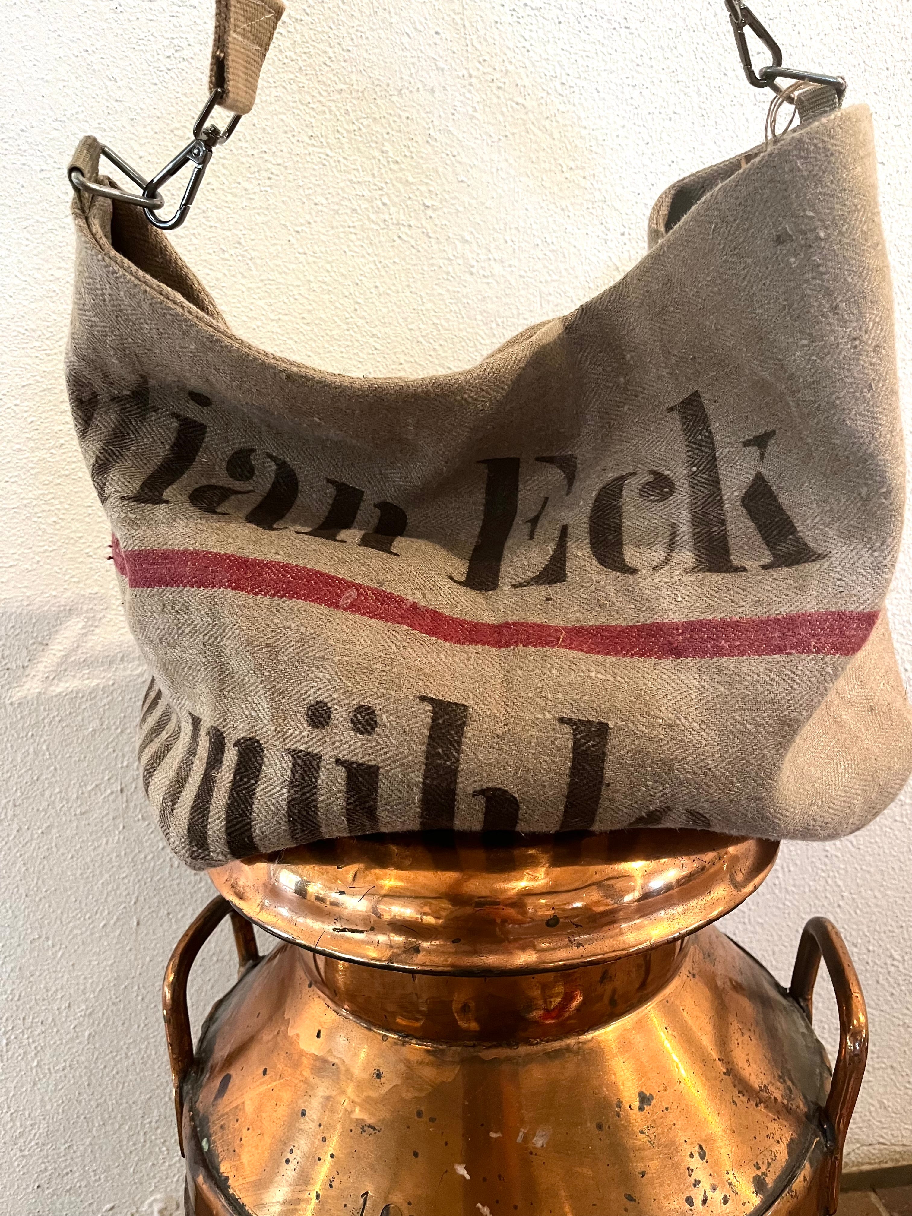 Müller Eck: Vintage Tasche Shopper aus altem Leinensack mit großer original Aufschrift von der Mühle