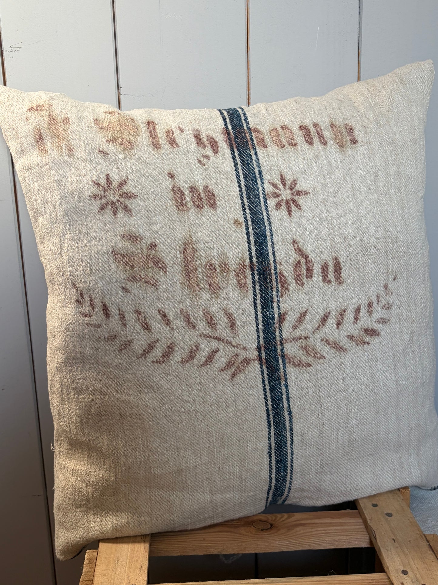 Very Vintage Kissenbezug aus altem Leinensack mit original Aufschrift 50 x 50