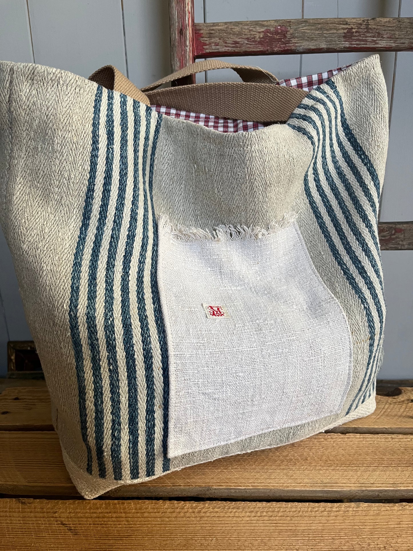 Stripes: große Tasche aus kräftigem altem Leinensack
