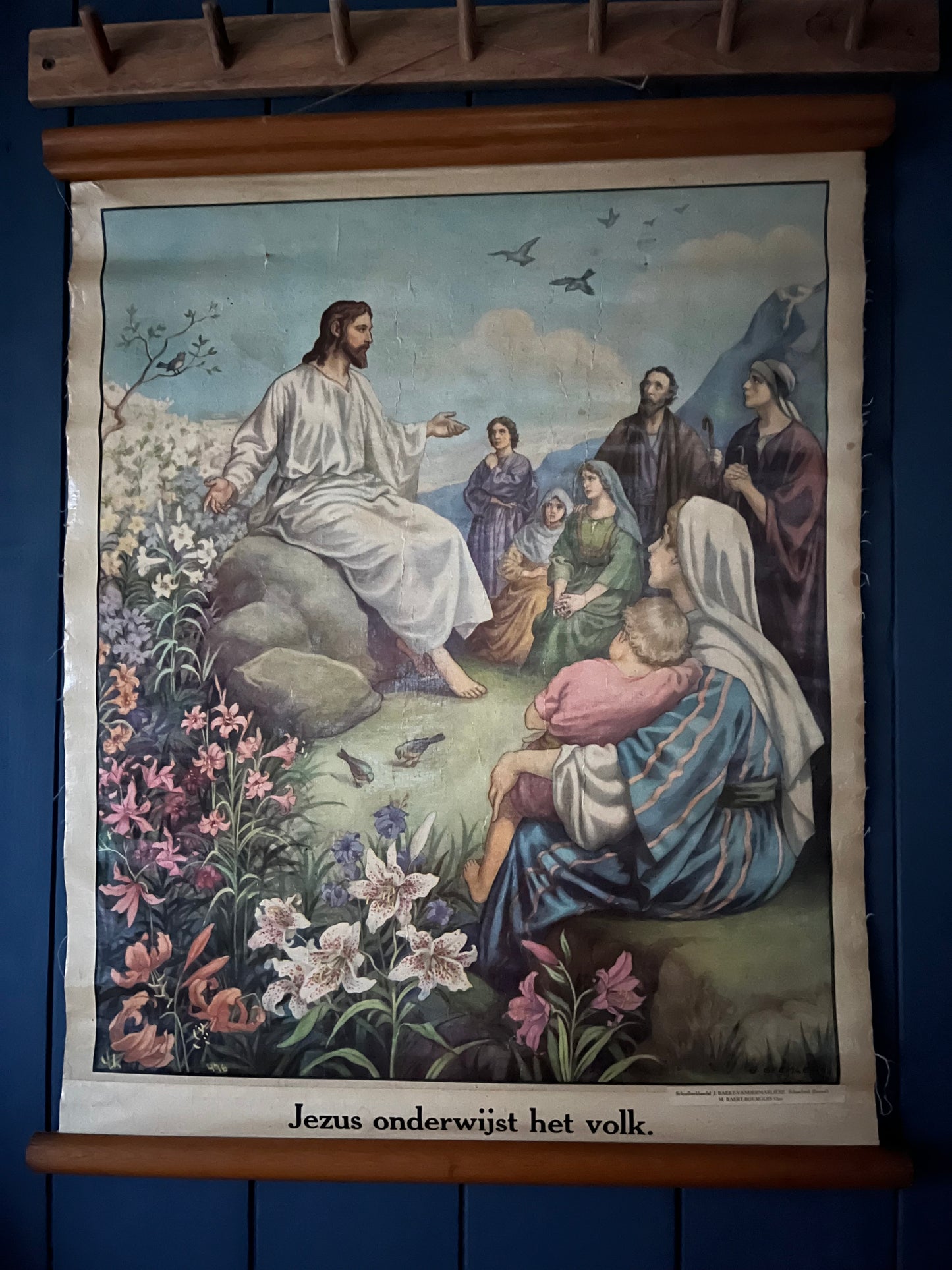 Alte original Schulkarte Lerntafel aus Belgien „Jesus spricht zum Volk“ auf Leinwand