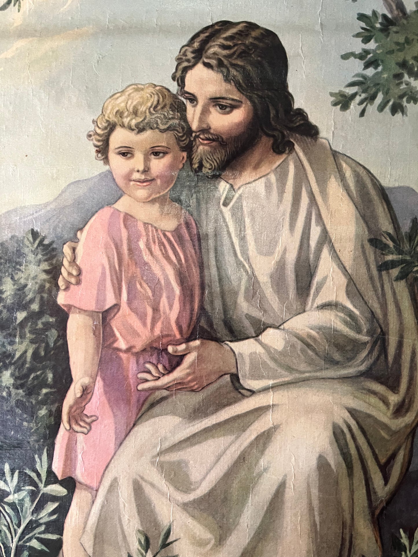 Wunderbar  erhaltene original Schulkarte Lerntafel aus Belgien „Freund Jesus“ auf Leinwand