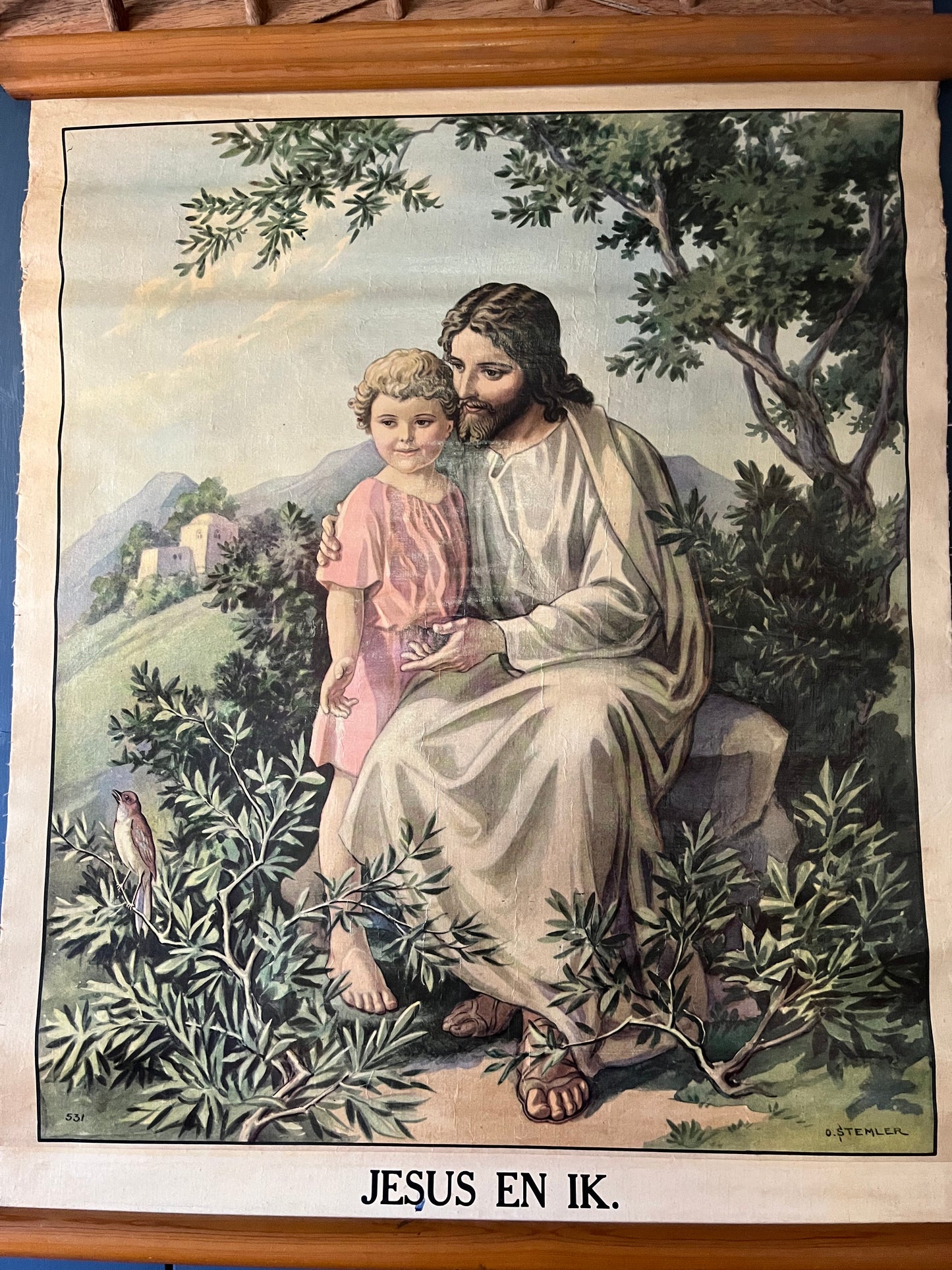 Wunderbar  erhaltene original Schulkarte Lerntafel aus Belgien „Freund Jesus“ auf Leinwand