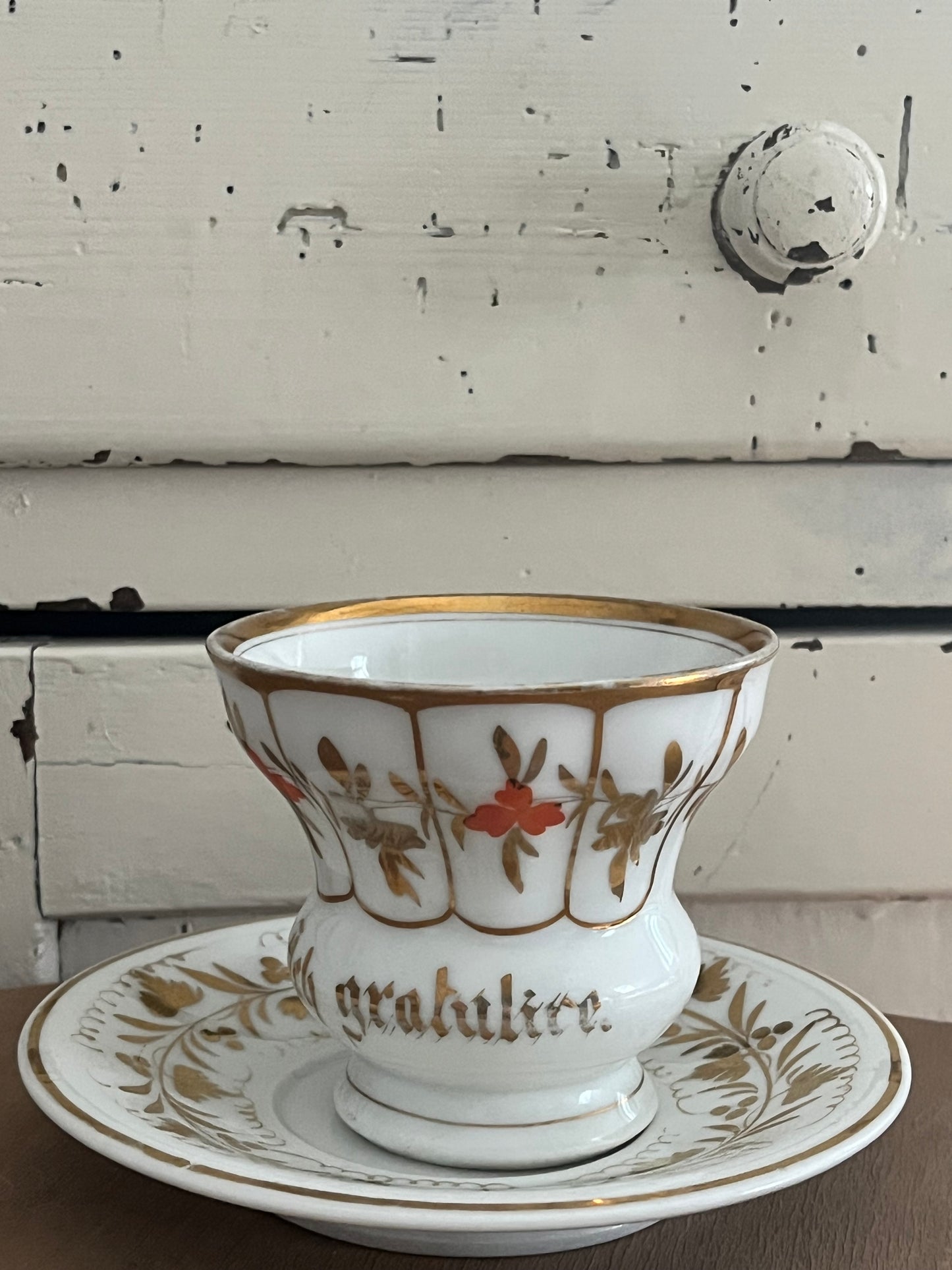 Antike Biedermeier Tasse Weiß/Gold/Rot  - „Ich gratuliere“