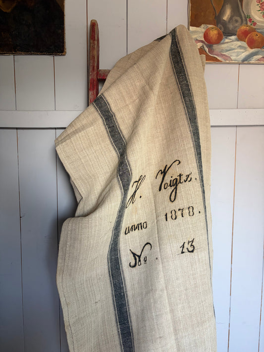 Rarität von 1878: sehr großer Leinensack mit blauen Streifen und original Aufschrift 150 x 65