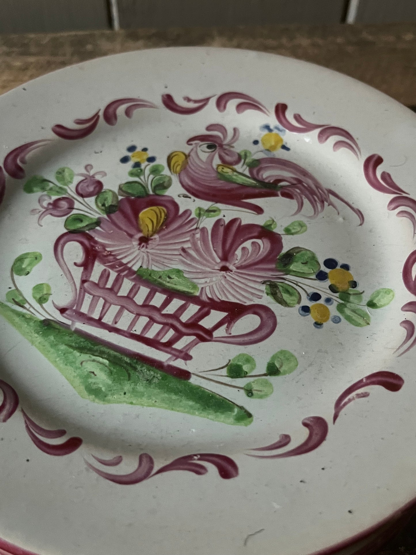 3 antike Fayence Teller Strassbourg mit Hahn und Patina