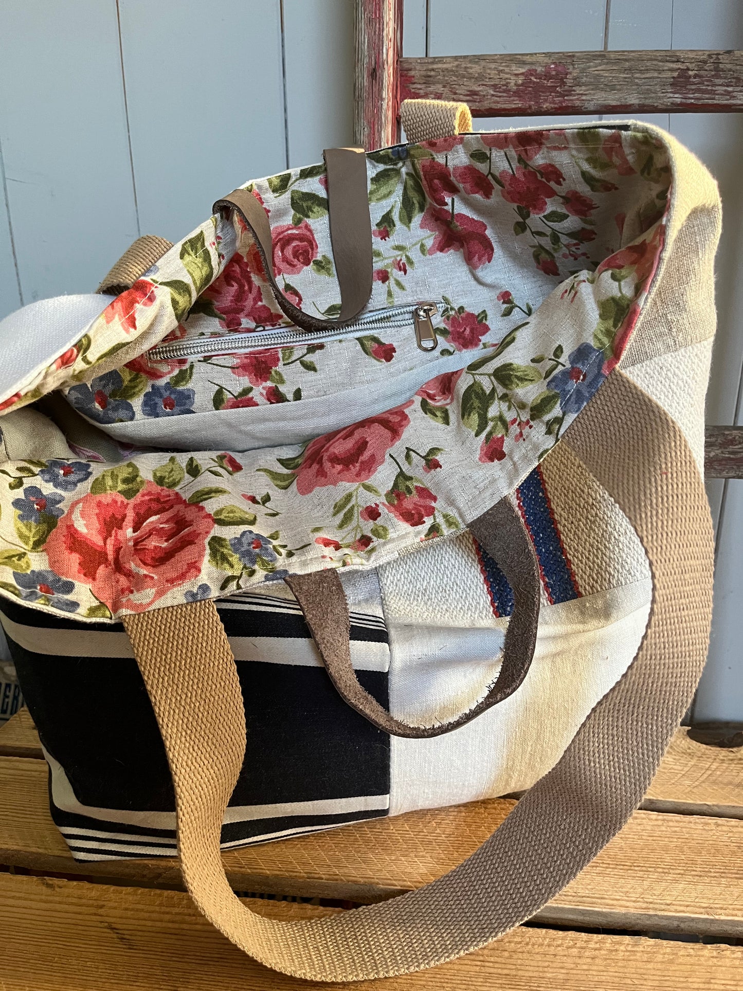 Multi: große Tasche Shopper aus verschiedenen Leinenstoffen
