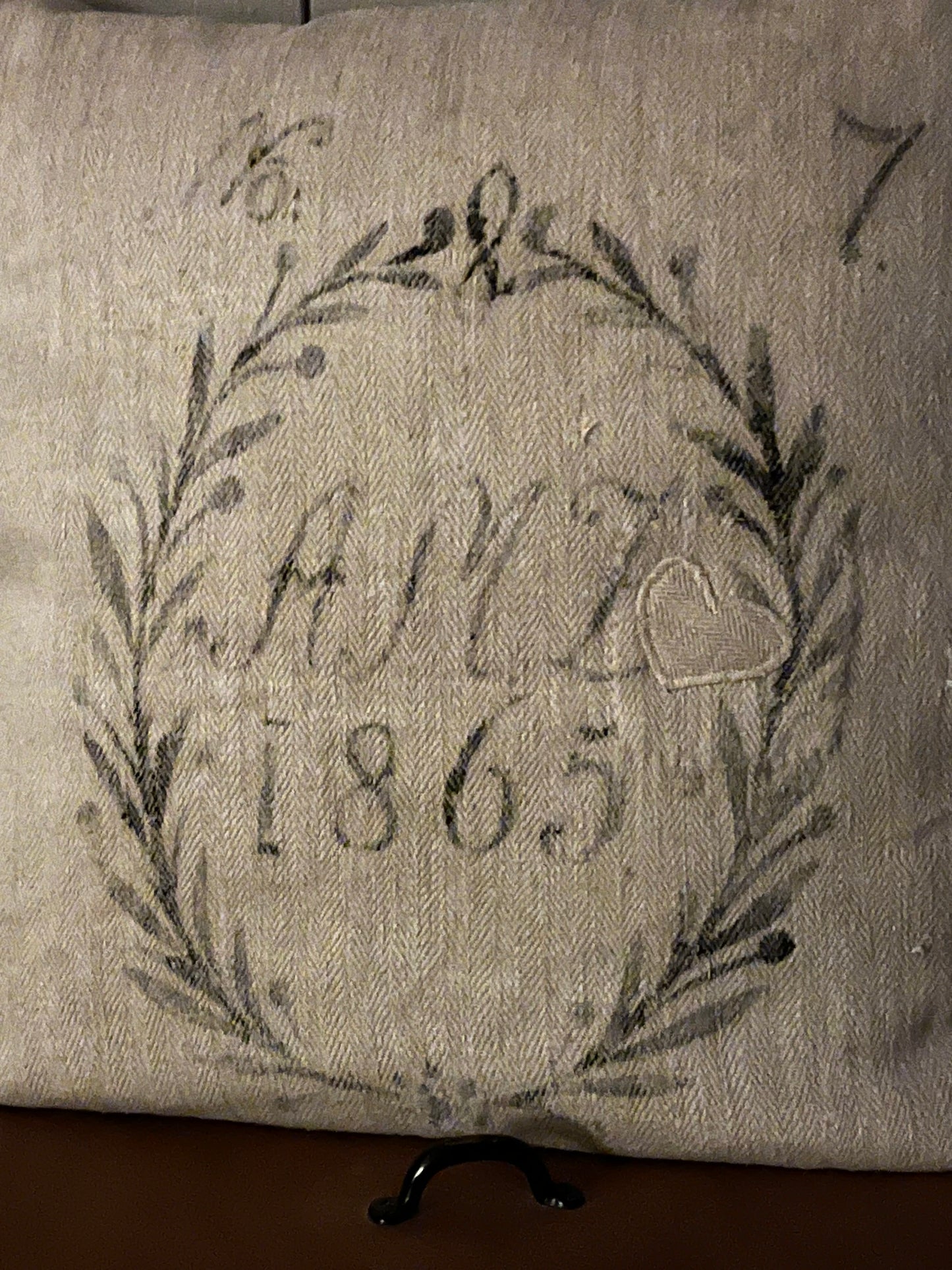 1865: very Vintage Leinenkissen aus altem Mehlsack