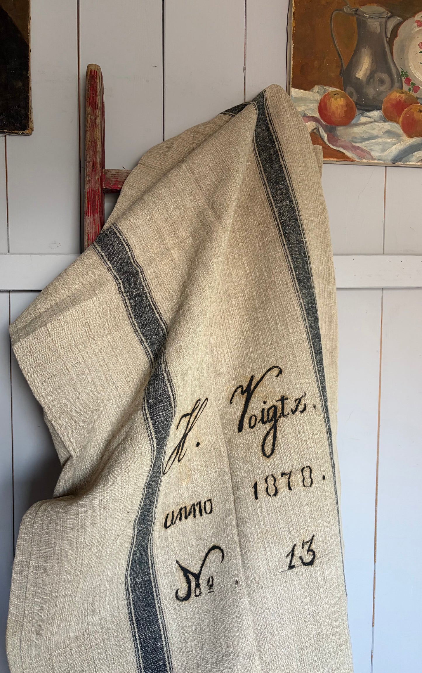 Rarität von 1878: sehr großer Leinensack mit blauen Streifen und original Aufschrift 150 x 65