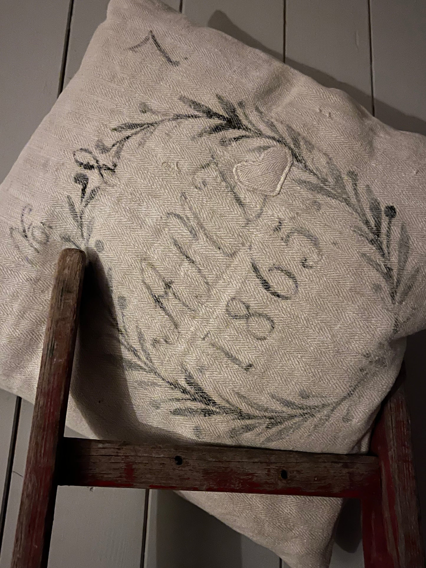 1865: very Vintage Leinenkissen aus altem Mehlsack