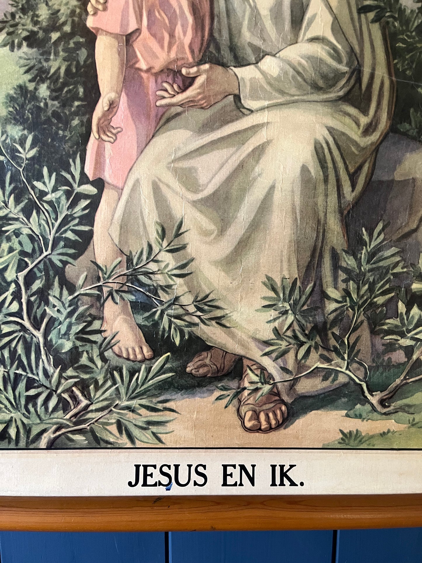 Wunderbar  erhaltene original Schulkarte Lerntafel aus Belgien „Freund Jesus“ auf Leinwand