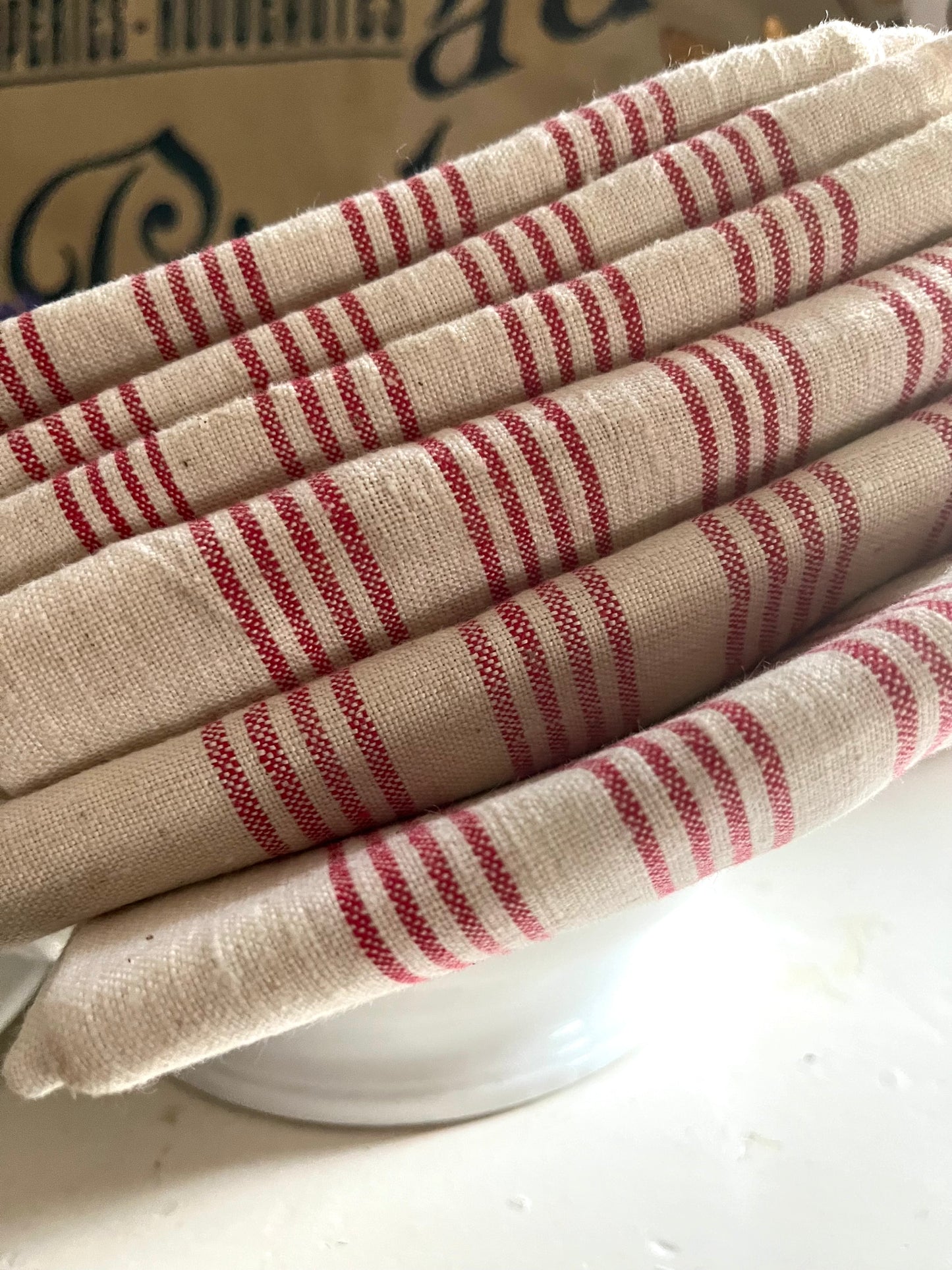 Trio: französische große Tücher Rot/Weiß Halbleinen