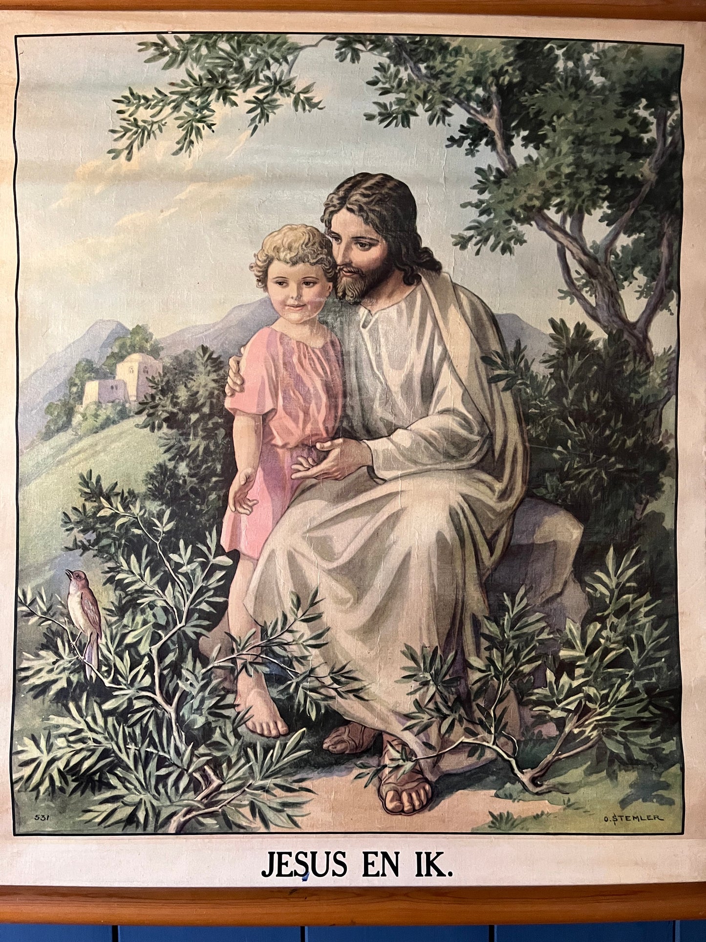 Wunderbar  erhaltene original Schulkarte Lerntafel aus Belgien „Freund Jesus“ auf Leinwand