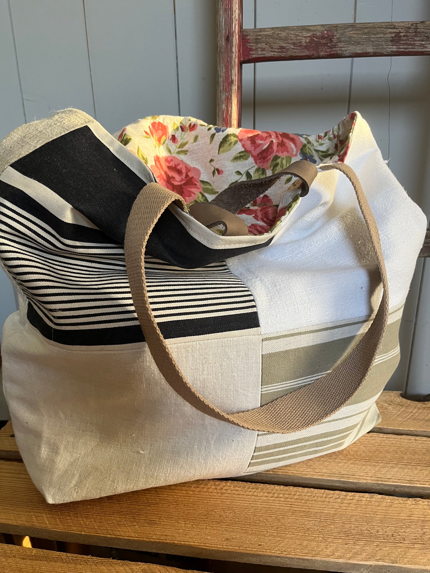 Multi: große Tasche Shopper aus verschiedenen Leinenstoffen