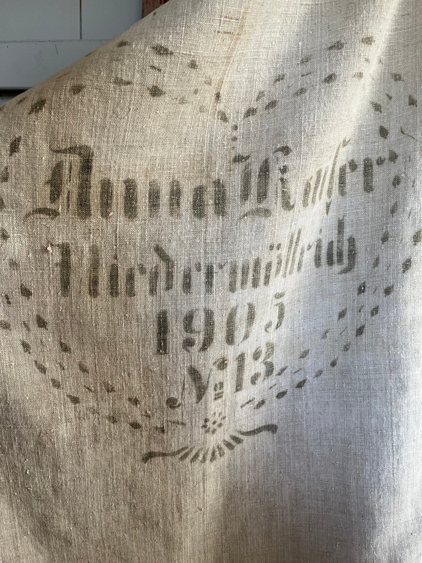 1905: extra großer Leinensack mit herzförmigem original Aufdruck 128 x 60