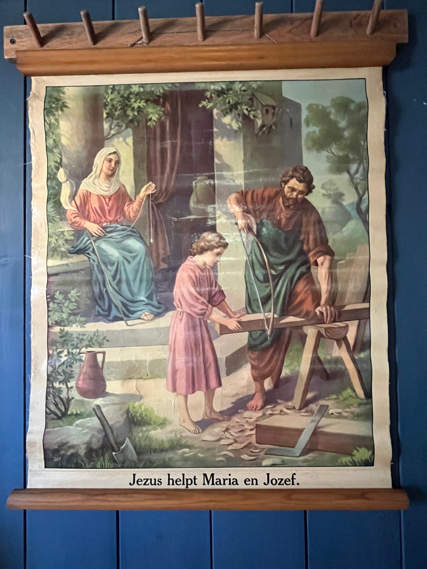 Alte original Schulkarte Lerntafel aus Belgien „Jesus hilft Josef und Maria“ auf Leinwand