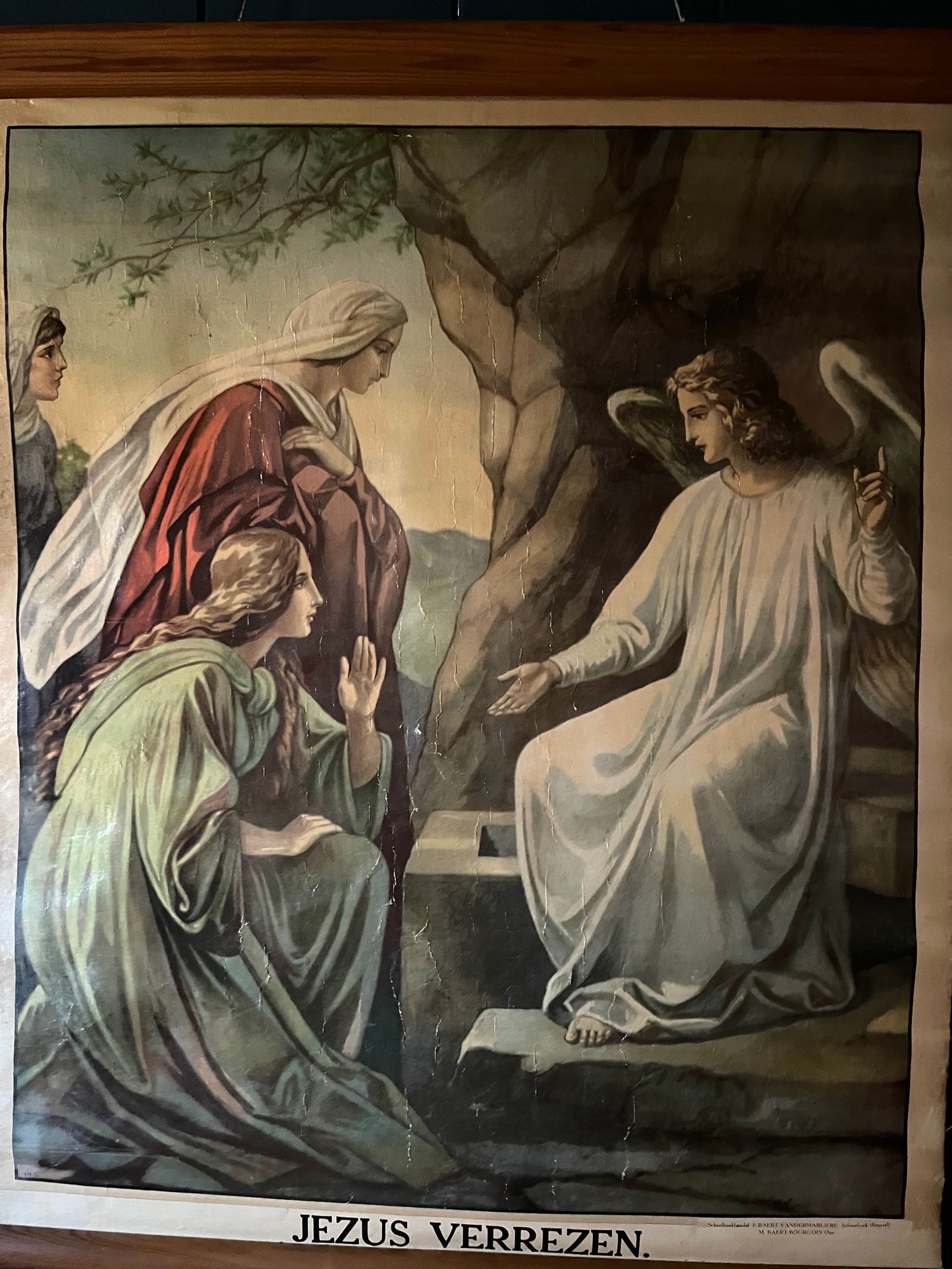 Alte, fantastische original Schulkarte Lerntafel aus Belgien „Jesus ist auferstanden“ auf Leinwand