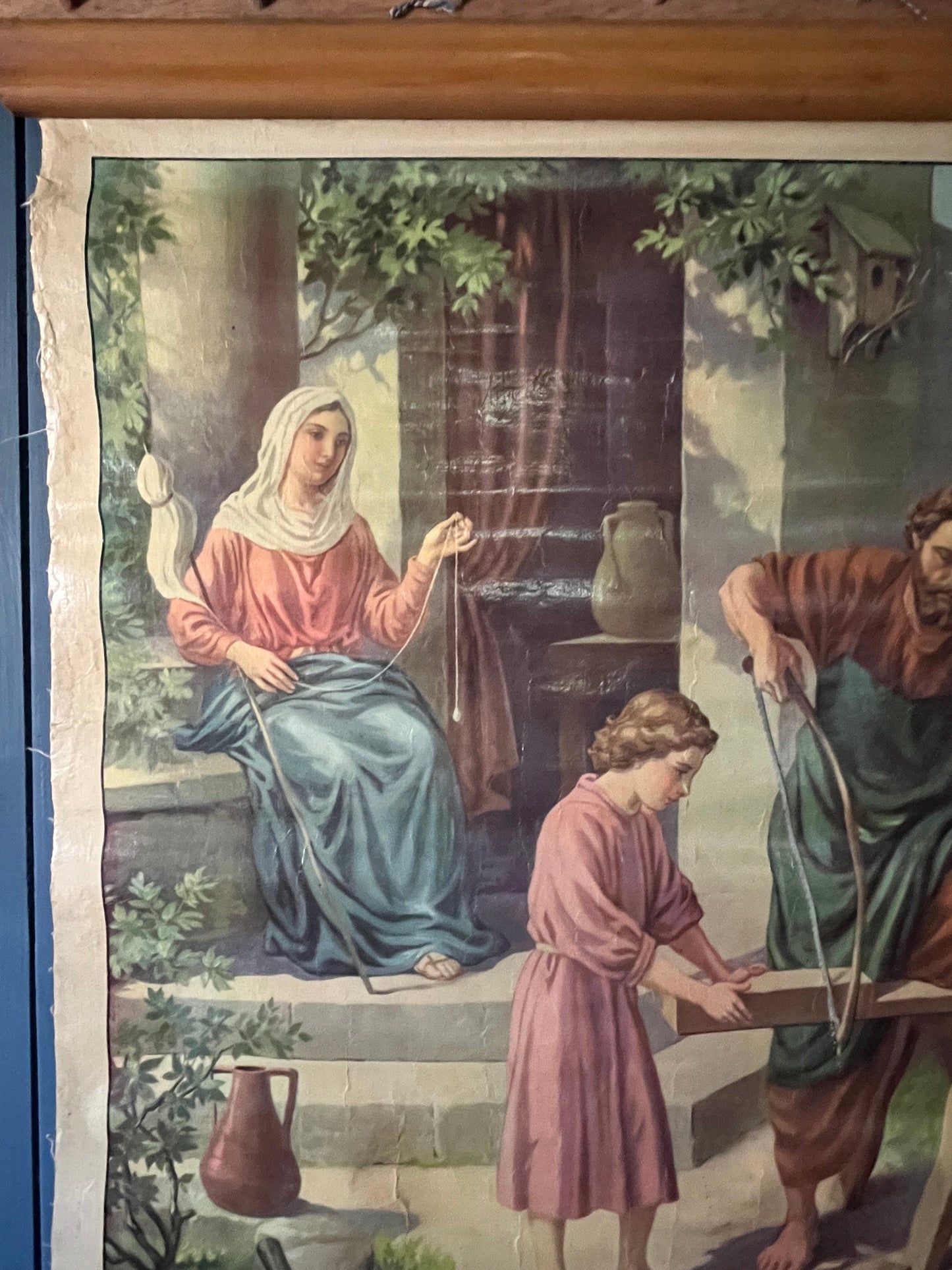 Alte original Schulkarte Lerntafel aus Belgien „Jesus hilft Josef und Maria“ auf Leinwand