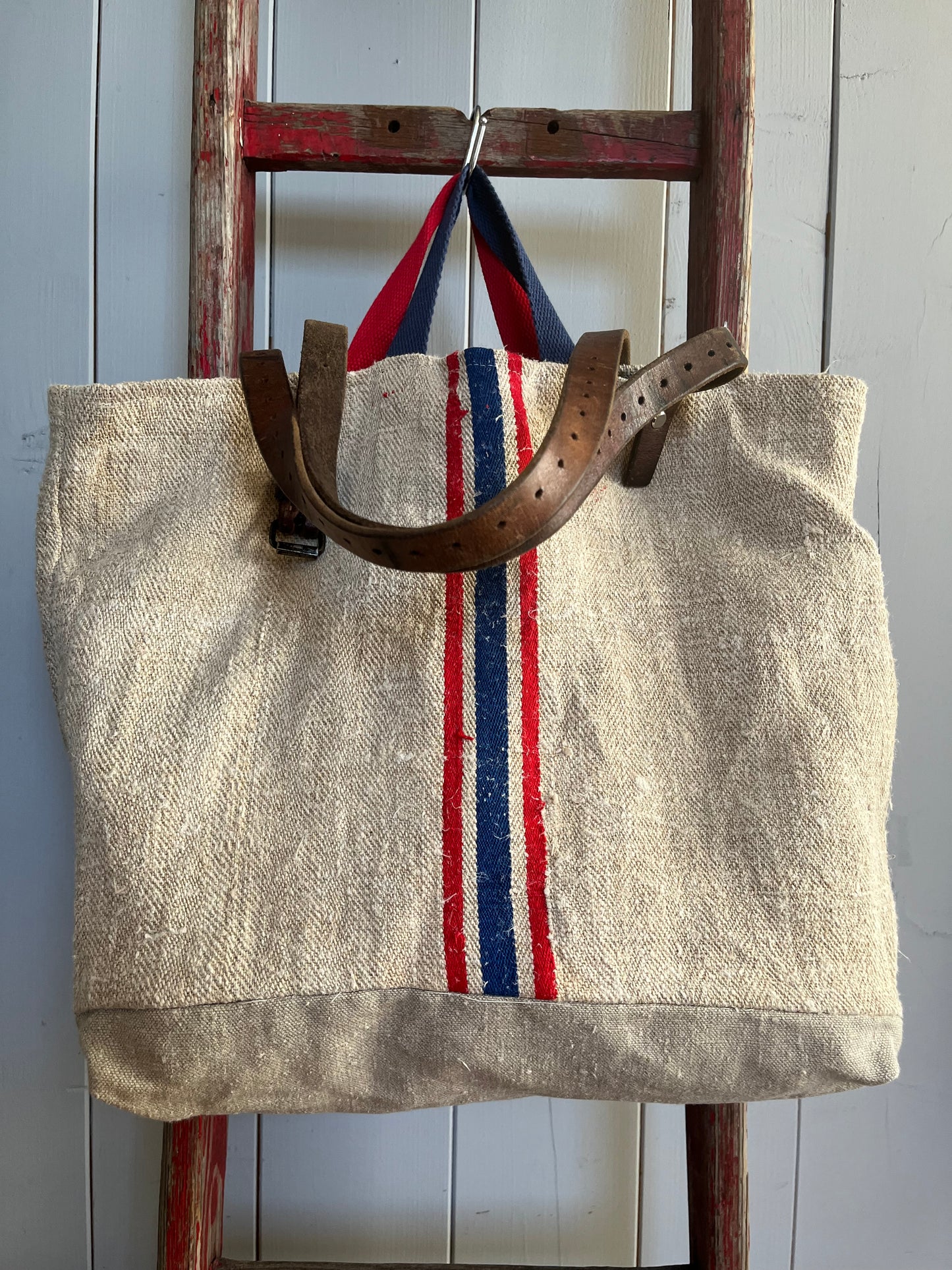 Blau/Rot: große Tasche Shopper aus kräftigem Hanfstoff mit Streifen