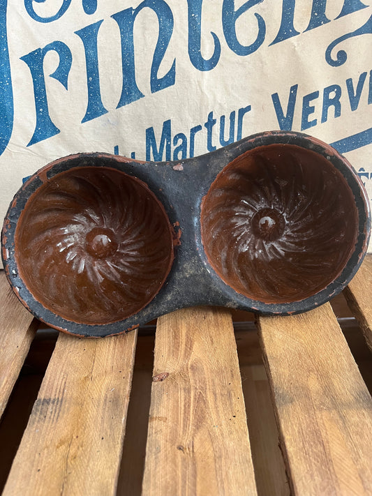 Seltene antike Doppel-Backform, kleiner Gugelhupf aus Frankreich