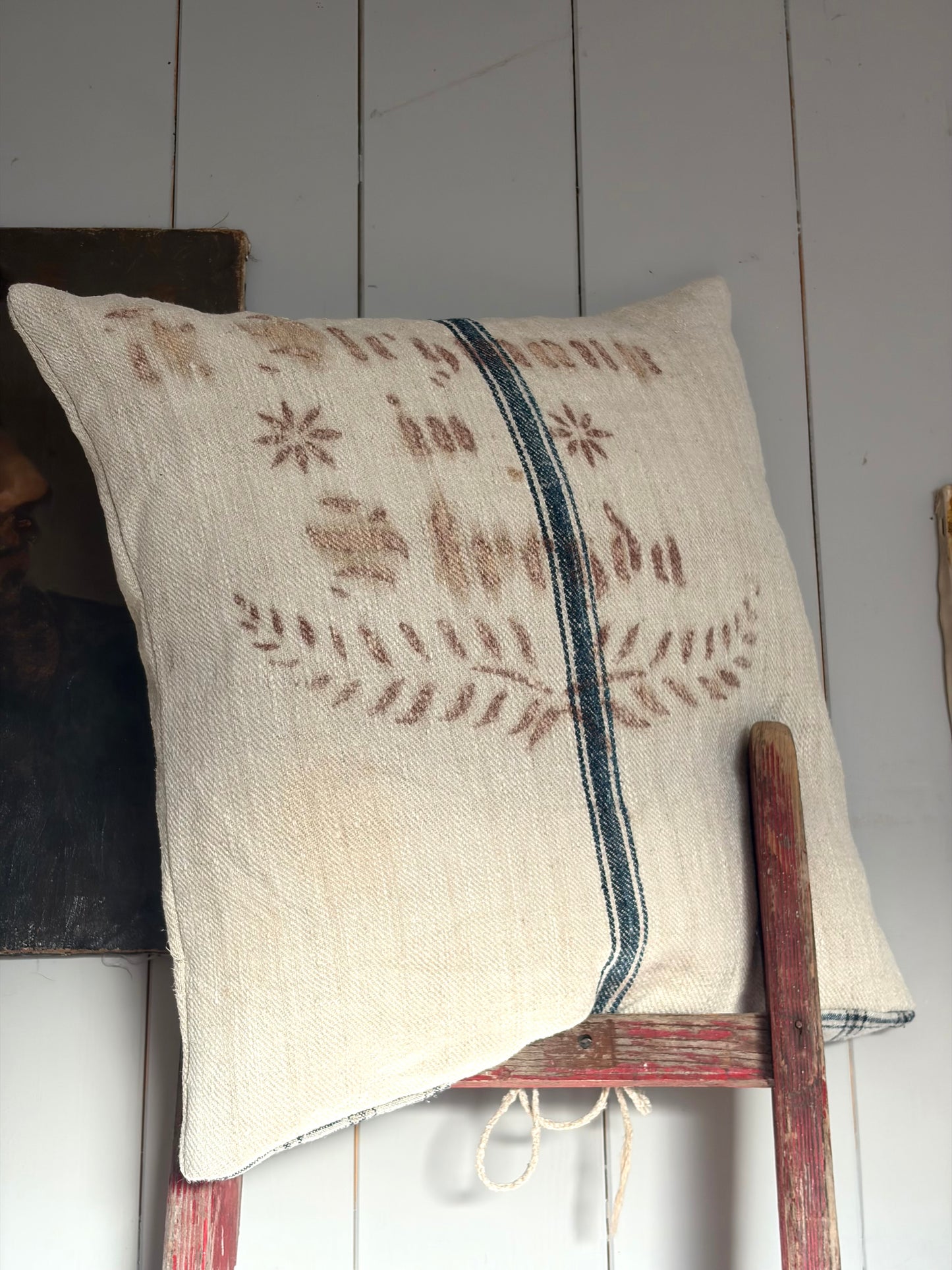 Very Vintage Kissenbezug aus altem Leinensack mit original Aufschrift 50 x 50