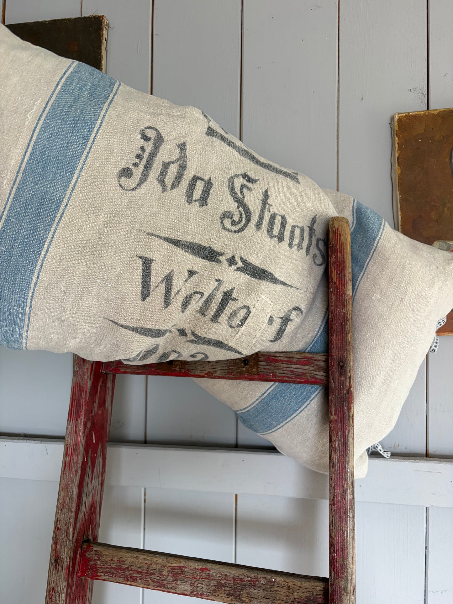 XL Vintage Kissenbezug aus altem Leinensack mit original Aufschrift 70 x 40